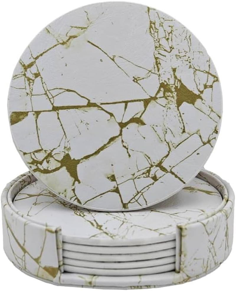 Vmila Leather Coasters for Drinks, 4" Drink Coasters Set of 6 with Holder for Tabletop Protection, Handmade Luxurious Home D&eacute;cor and Housewarming Gift (White Gold Marble Coaster) - White image number 6