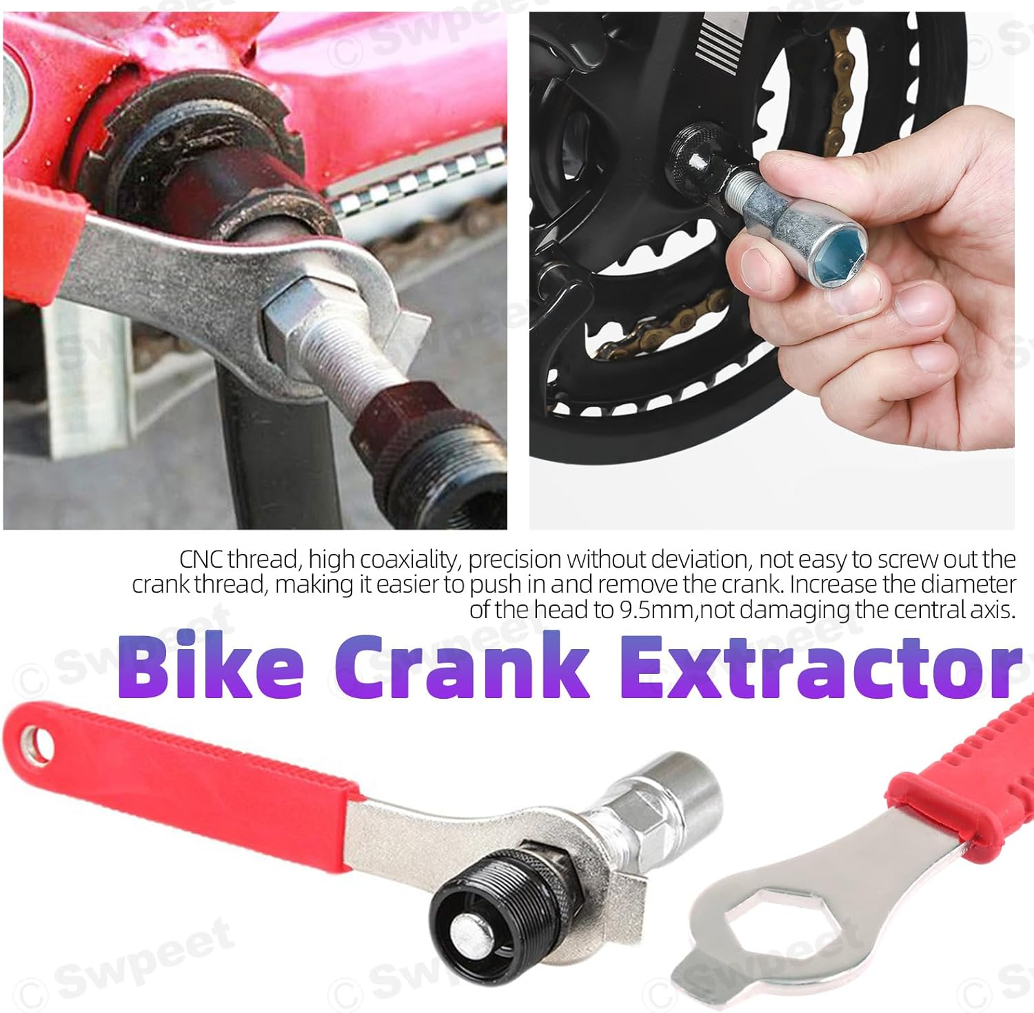 Swpeet 6Pcs Steel Bicycle Repair Tool Kit, Portable Emergency Accessories, Includes Bike Crank Extractor, Bottom Bracket Remover, 16Mm Spanner Wrench, Allen Wrench, Square Nut, Portable Bag image number 5