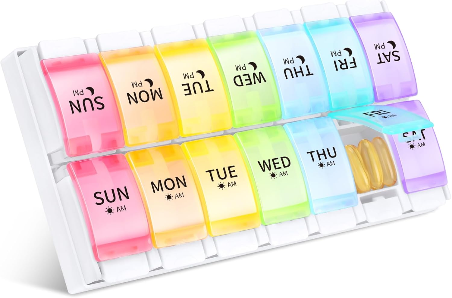 Opret Large Pill Organiser Box 7 Day 2 Times a Day, AM PM Weekly Tablet Organiser, Unique Push Button Open with 14 Compartments image number 3