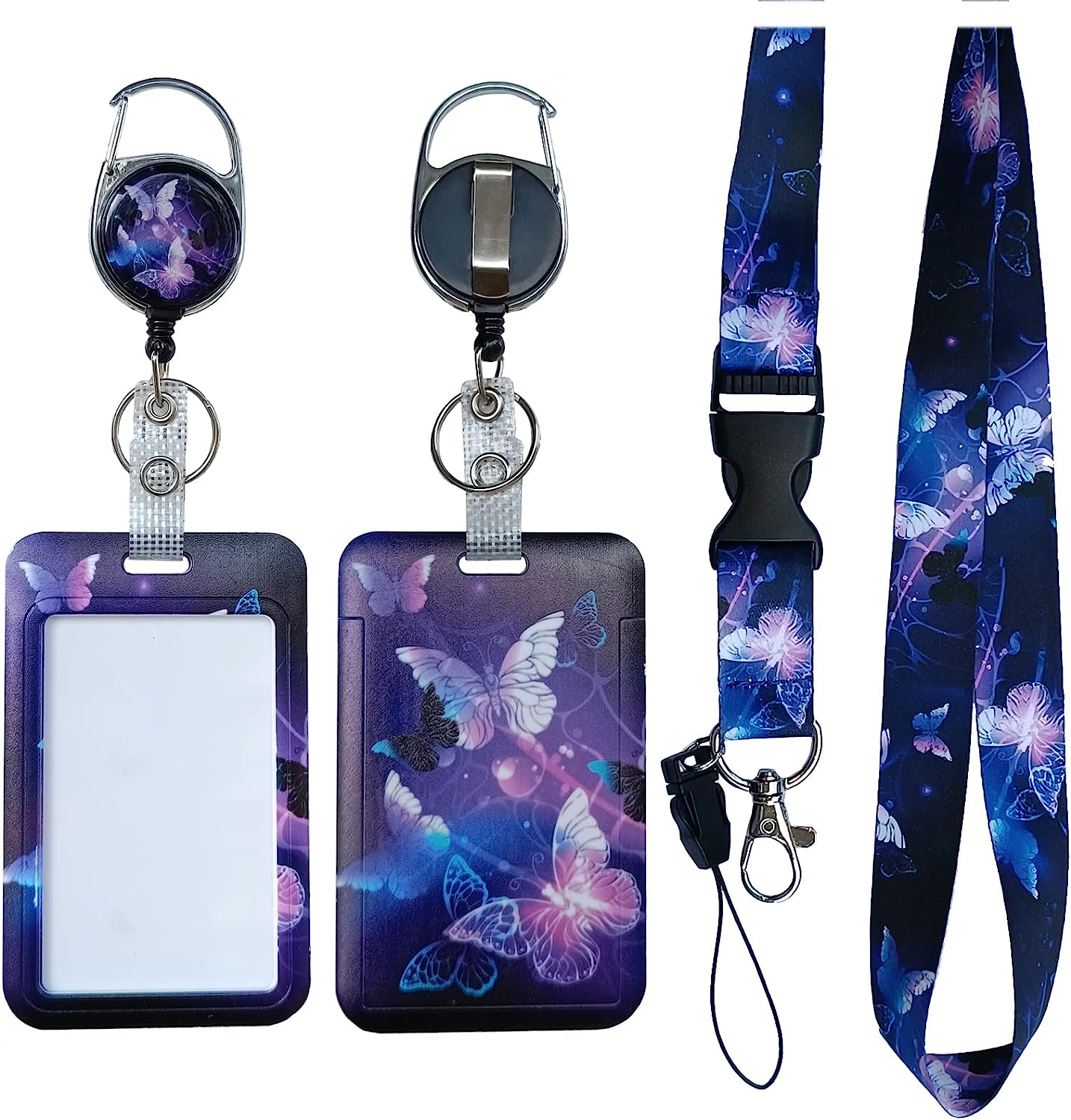 Purple Butterfly Retractable ID Badge Holder with Detachable Lanyard, Fashionable Badge Reel Heavy Duty with Carabiner Clip Lanyards for Keys USB Nurse Medical Student Teacher Office Women Men Gifts image number 5