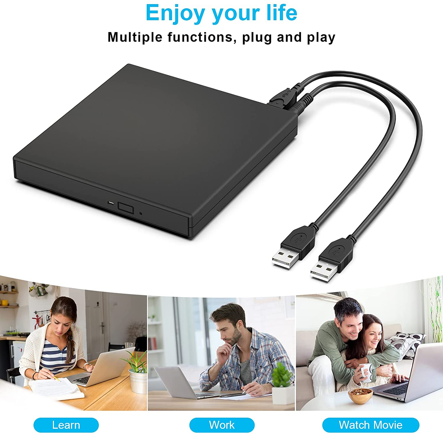 External CD DVD Drive, USB 2.0 Slim Protable External CD-RW Drive DVD-RW Burner Writer Player for Laptop Notebook PC Desktop Computer, Black