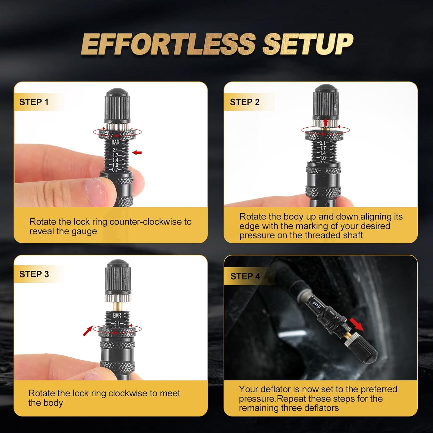 4 Pcs Automatic Tire Deflators Kit, Adjustable Tire Deflator Valve 10-30 Psi,Tyre Air down Tool for Vehicles, Motorcycle, Car, Truck,Jeep Etc image number 1