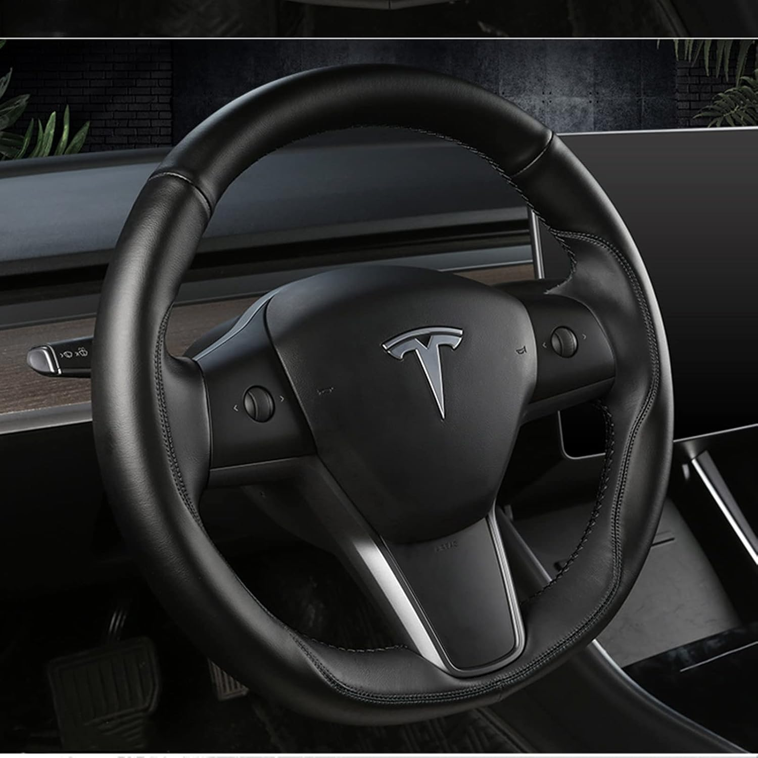 Tesla Steering Wheel Cover Microfiber Leather Hand-Stitched for Tesla Model 3/Model Y (Black-Black) image number 4