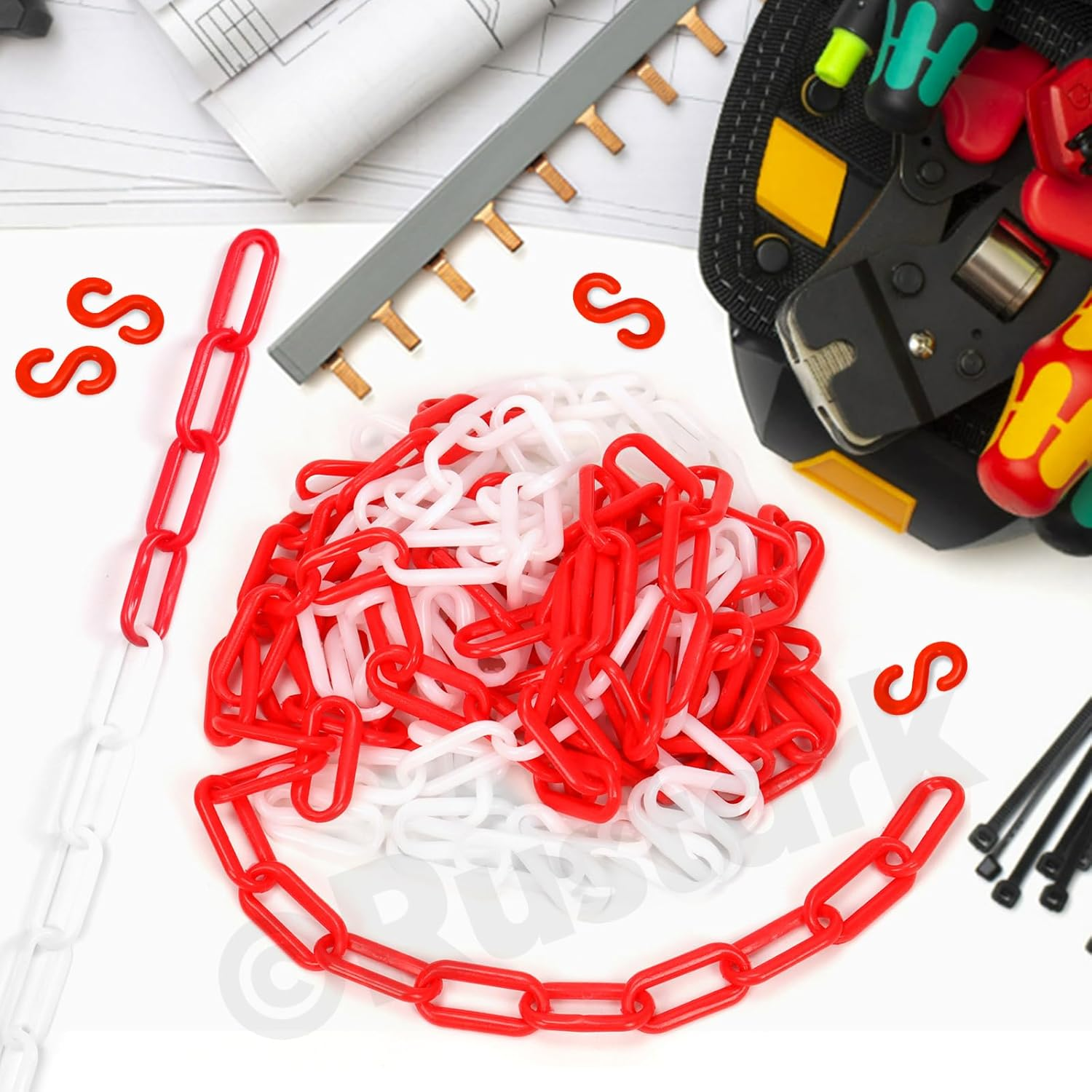 21Pcs Red and White Plastic Chain Links with Connector Hooks Plastic Chain Barrier Safety Barrier Chain for Crowd Control Construction Sites Parking Space Management