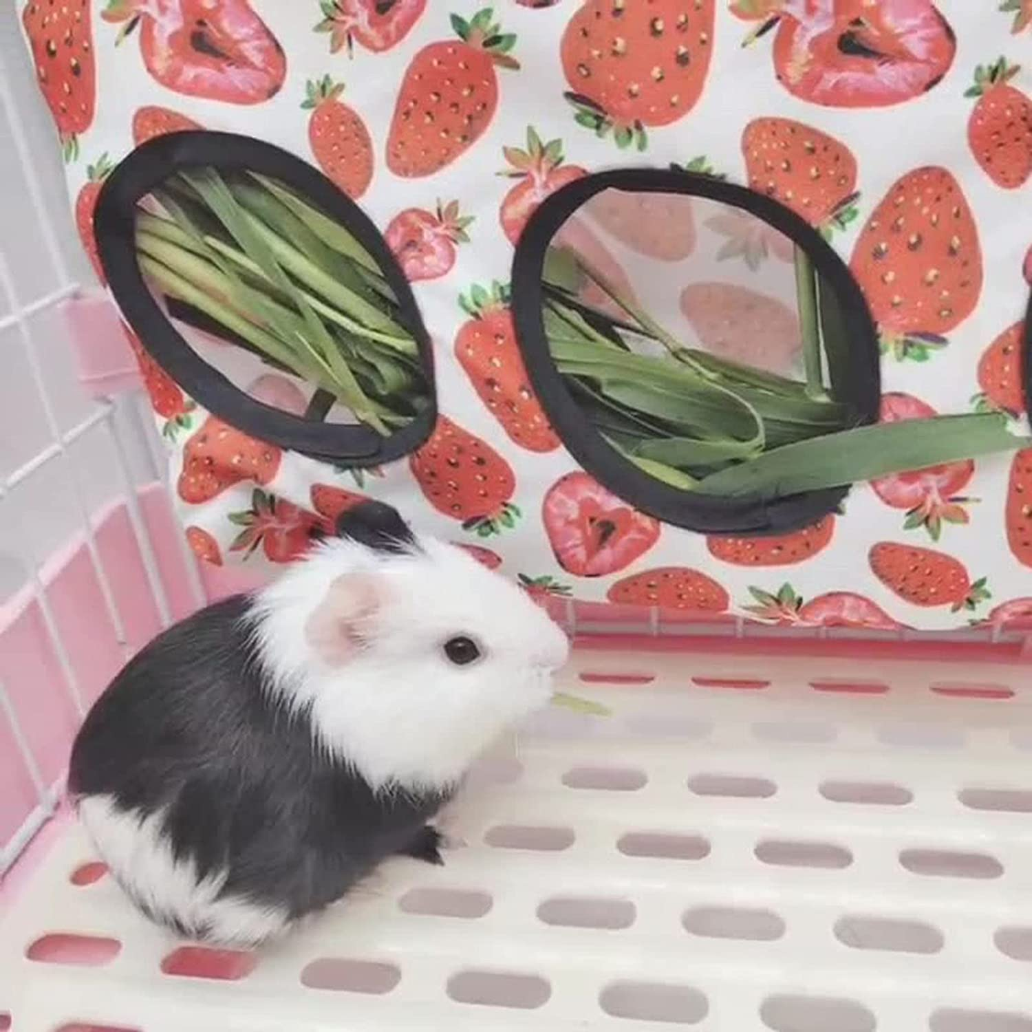 TRADERPLUS 2 Pieces Rabbit Hay Feeder Bag, 3 Holes Bunny Hanging Bag for Guinea Pig and Small Animal Storage