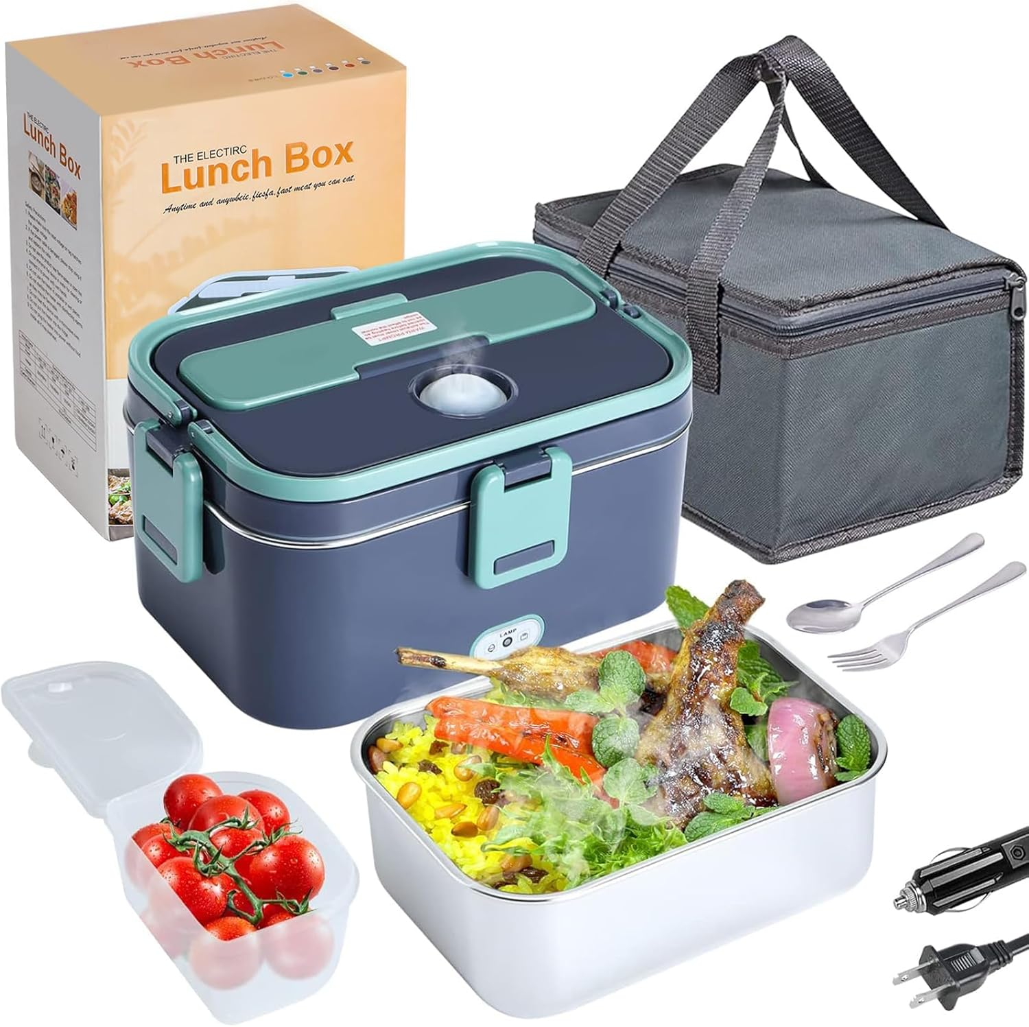 Electric Lunch Box Food Heater for Adults, 12/24/220V Portable Stainless Steel Lunch Warmer, Leak Proof, Heated Lunch Box for Car/Truck/Office with Stainless Fork & Spoon & Carry Bag image number 5