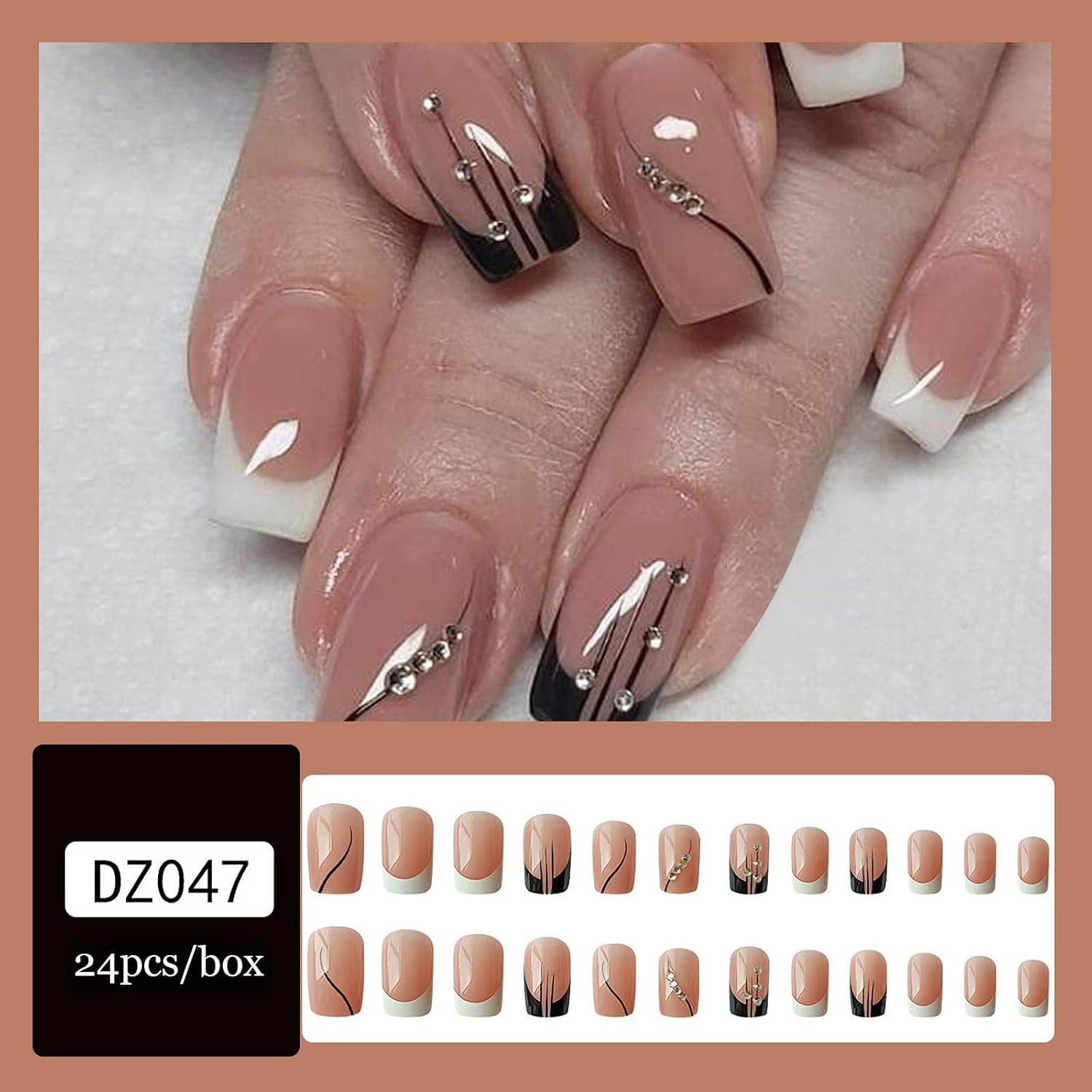24 Pcs Square French Press on Nails Medium Fake Nails French Line Glue on Nails with Rhinestone Designs Full Cover False Nails Black White Nail Tips for Women Girls