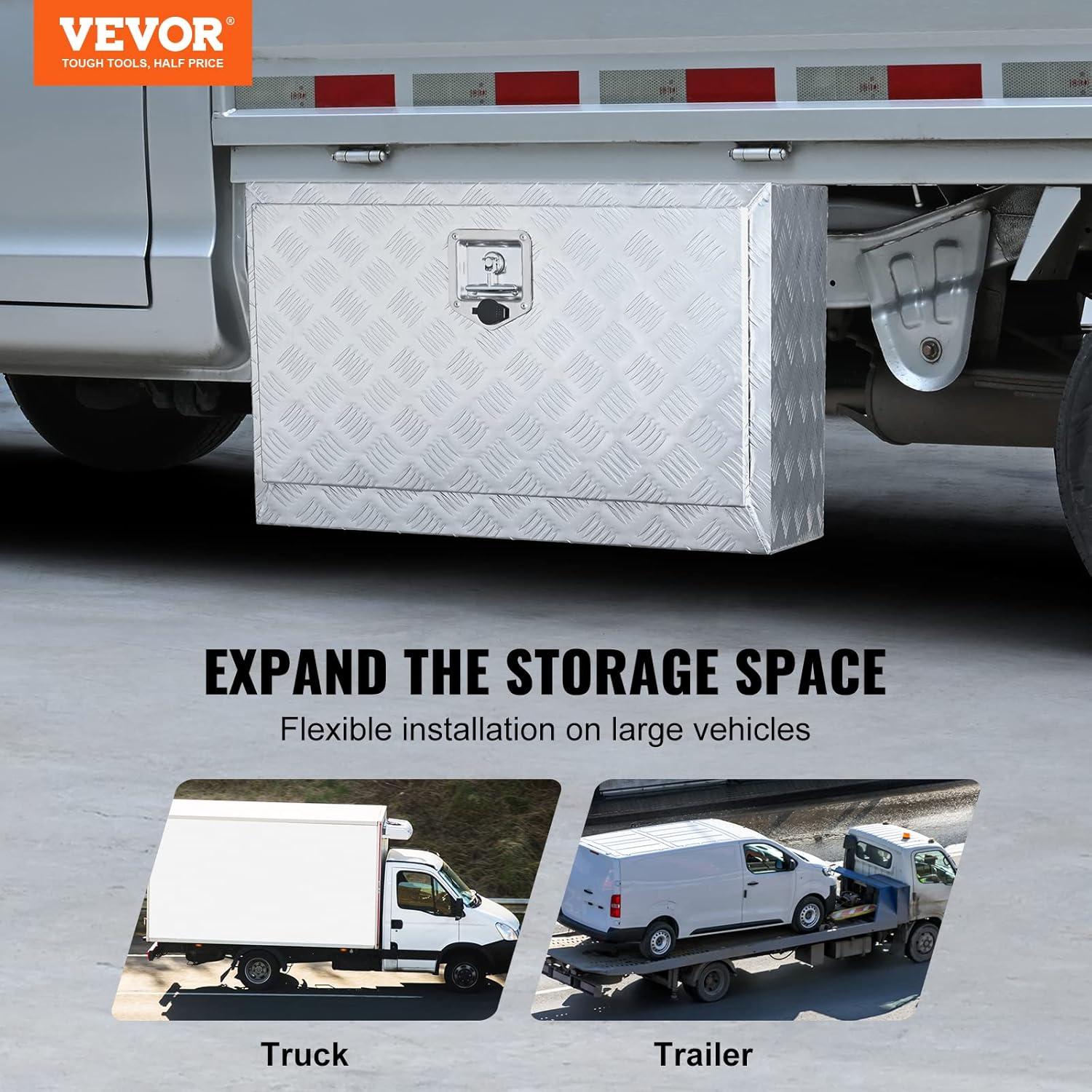 VEVOR Underbody Truck Box, 30"&times;14"&times;16" Pickup Storage Box, Heavy Duty Aluminum Diamond Plate Tool Box with Lock and Keys, Waterproof Trailer Storage Box with T-Handle Latch for Truck, Van, Trailer image number 2