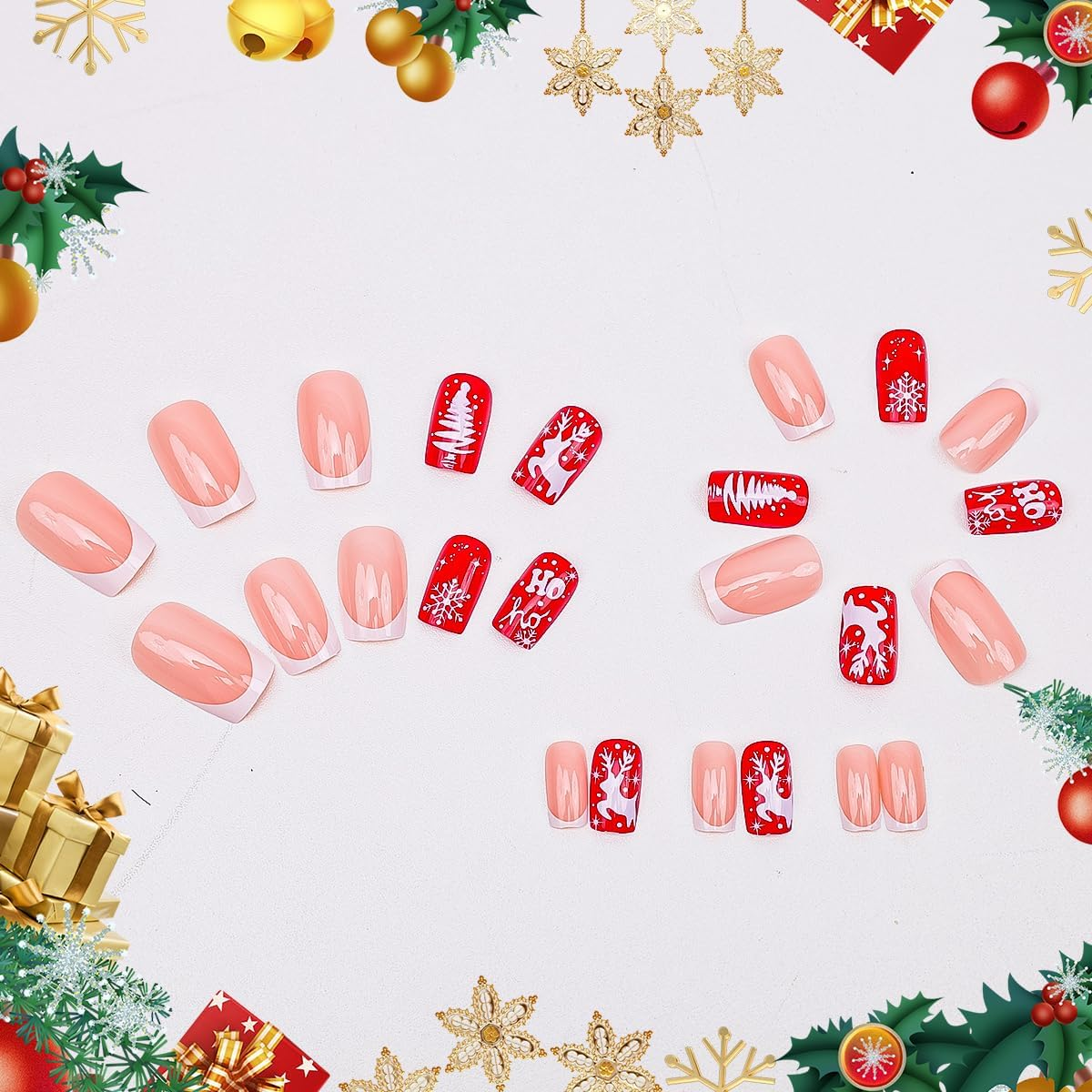 Folmywy Christmas False Nails 24Pcs Artificial Nails Fake Fingernails Press on Nails Full Cover Nails for Women Girls Christmas DIY Glossy Red Reindeer Nail Art Decor image number 4