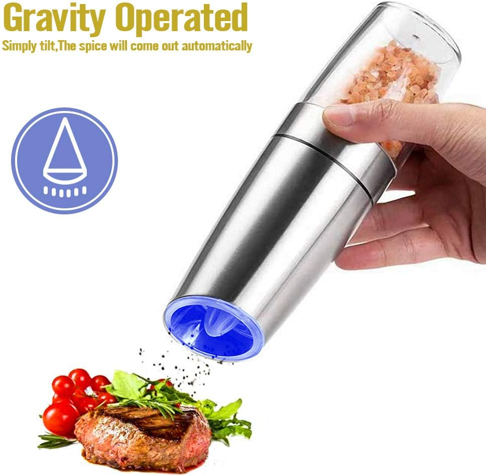 AVNICUD Electric Salt and Pepper Grinder, Automatic Pepper Mill, Gravity Salt Grinder, Battery-Operated with Adjustable Coarseness, LED Light, One Hand Operated (Silver 2Pack)