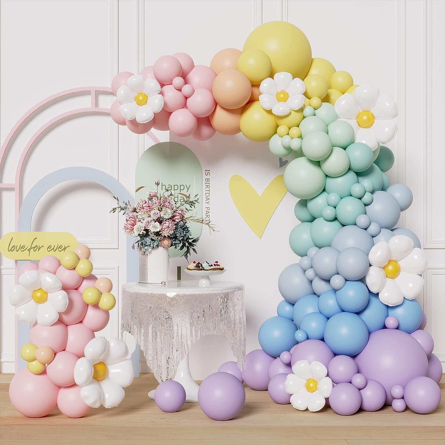 161 Pcs Daisy Balloon Garland Arch Kit Party Pastel Balloons Flower Balloons Macaron Pastel Balloons for Birthday Wedding Christmas Festival Picnic Family Party Decoration image number 5