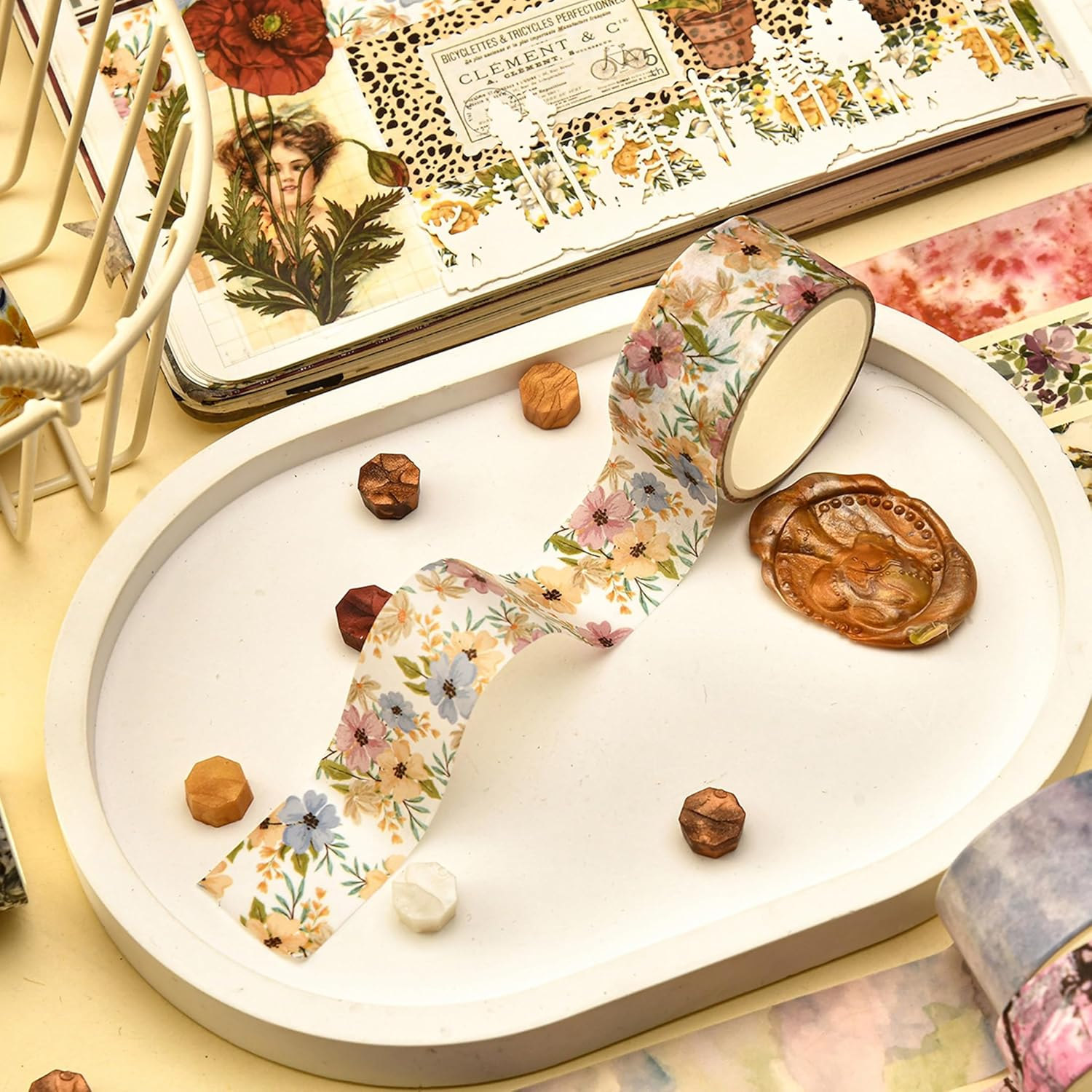 8 Rolls Retro Washi Tape Set Vintage Arts Adhesive Tapes Wide Painting Patterned Decorative Masking Tape Sets for Craft, Kids, Scrapbook, DIY, Gift Wrapping (Flowers & Plants) - Stone Texture image number 3