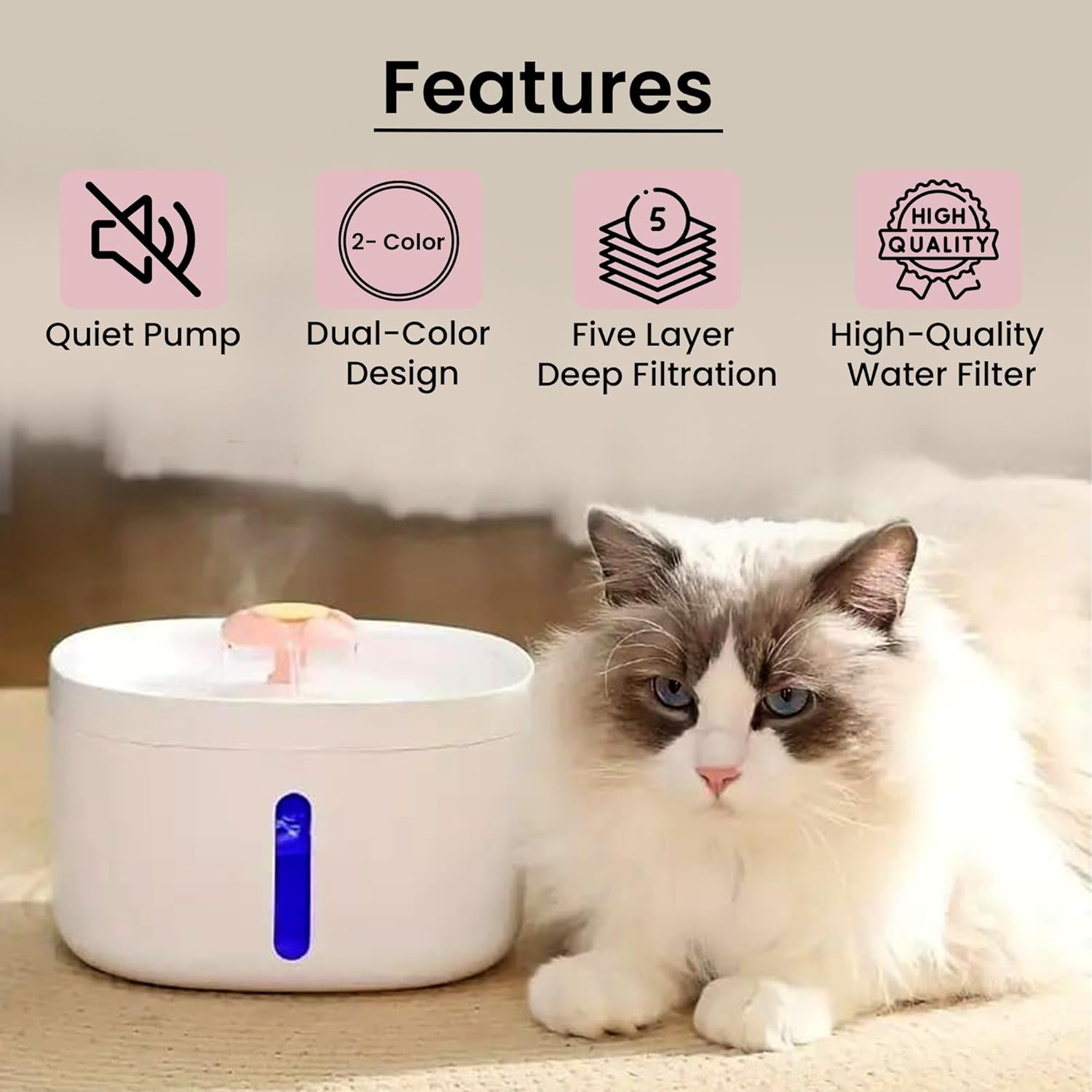 Tails and Treasure Cat Water Fountain with Quiet Pump: Pet Water Fountain, Dog Water Fountain, Automatic Cat Feeder, Cat Fountain, Water Filter for Cats and Dogs, Pet Water Dispenser with Quiet Pump image number 1