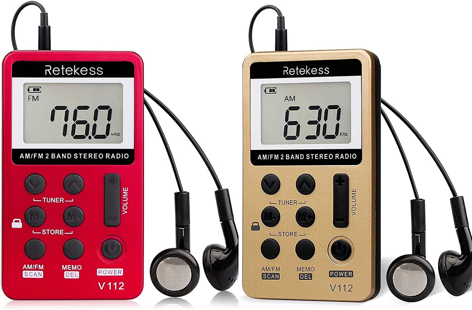 Retekess V112 Portable Pocket AM FM Radio Digital Tuning Mini Little Radios with Earphone Rechargeable Battery LCD Screen for Walk Running Kids Senior Adults (Red+Gold)