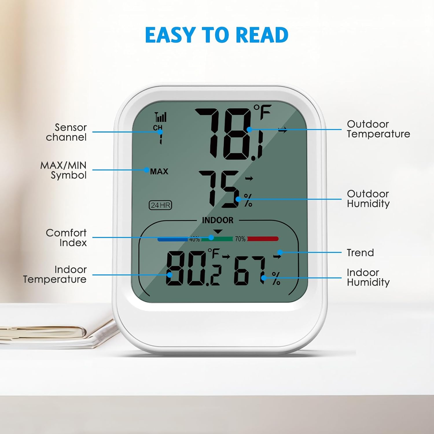 AMIR Newest Digital Hygrometer Indoor Outdoor Thermometer with LCD Backlight, Min/Max Records, Room Thermometer and Humidity Gauge with 328Ft/100M Range, ℃/℉ Switch for Home Garage Office image number 4