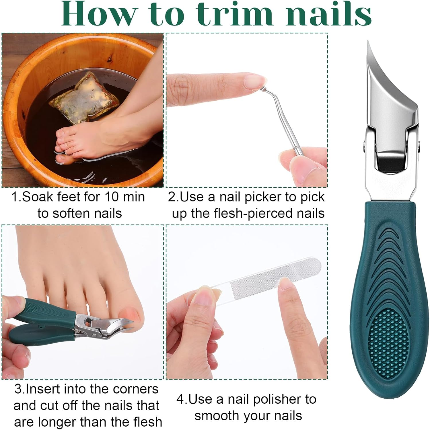 Splashproof 25&deg; Beveled Edge Nail Clippers 3-Piece Set Wide Jaw Opening Anti-Splash Slanted Nail Clipper Long Handle for Women Men Thick and Ingrown Nails Seniors Ingrown Toenail Care image number 4