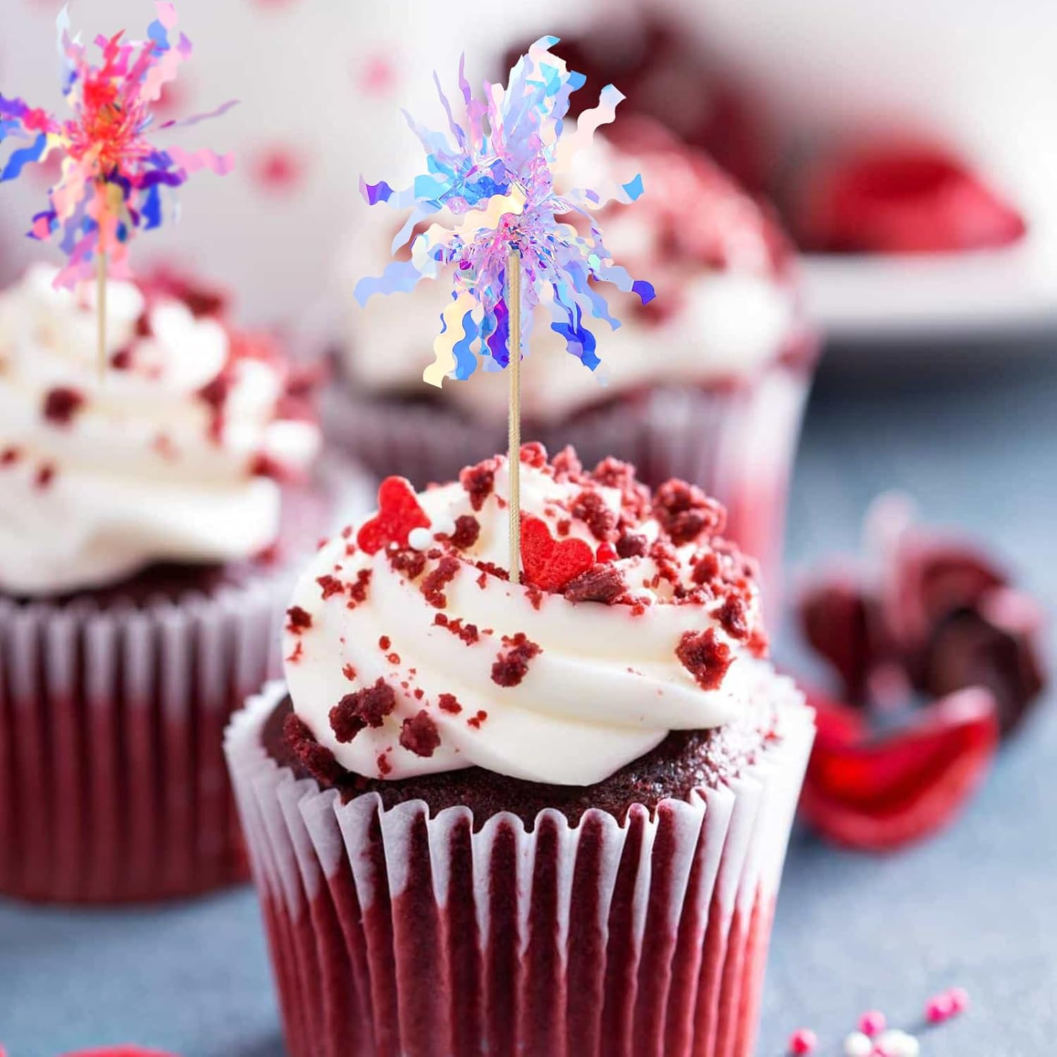 40 Pieces Colorful Firework Cupcake Toppers, Sparkle Tinsel Birthday Cake Decorations, Foil Frill Toothpicks for Christmas Wedding Party Graduation Ceremony Decor (Style 1) image number 2