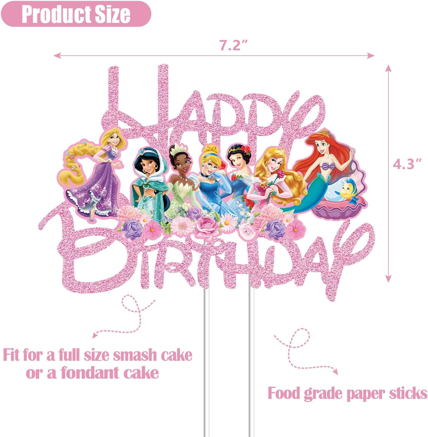 Compr Pink Glitter Princess Cake Toppers for Girls, Castle Party Decorations, Birthday Party Suppliers, 1 X 7.5" X 4.7" Doubled-Sided image number 1