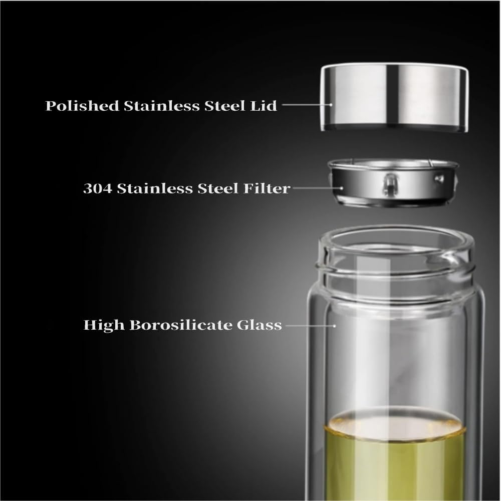 1Pcs Portable Glass Cup Water Jug Insulated Double Wall Insulated Water Bottle Tea Tumbler Jug Portable Infuser Silver image number 3