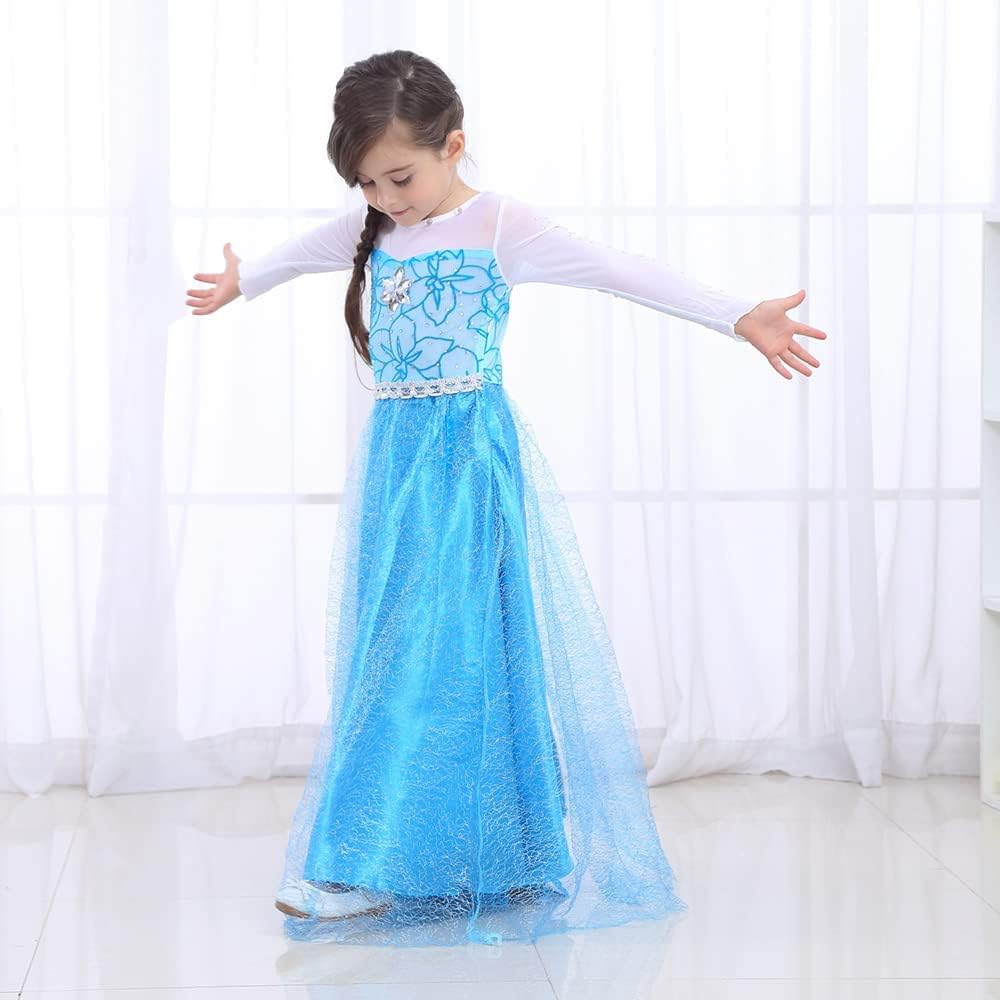 AUTOWT Girls Princess Dress Up, Sparkling Blue Princess Dress Set with Cape and Tiara, Glittery Ice-Themed Gown Fancy Party Costume for Birthday Children'S Day image number 4