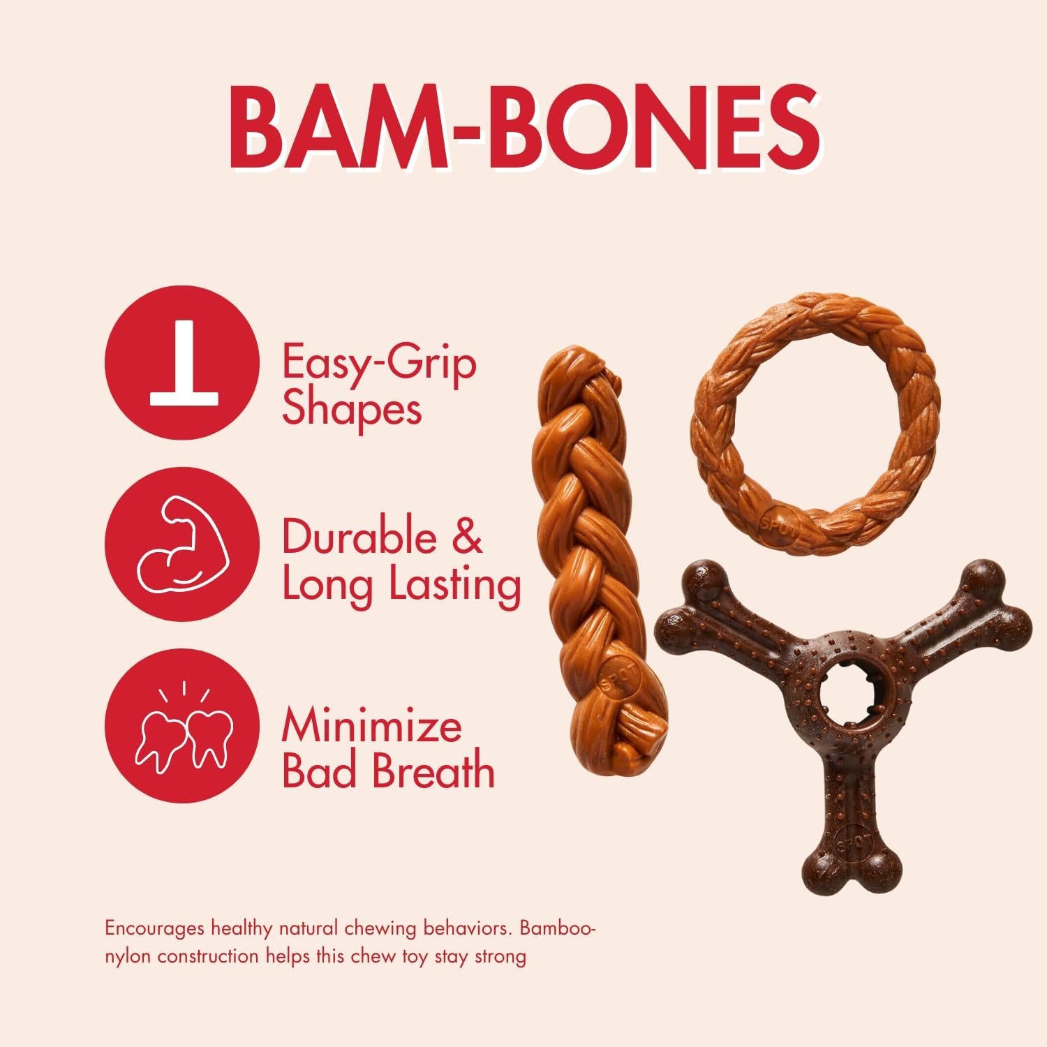 SPOT by Ethical Products - Bambone Braided Stick, Ring, Triple Chew Toy, Hickory and Bison Flavored Dog Toys Holiday Shopping for Bone Gifts for Aggressive Chewers Small (3Pack) Brown