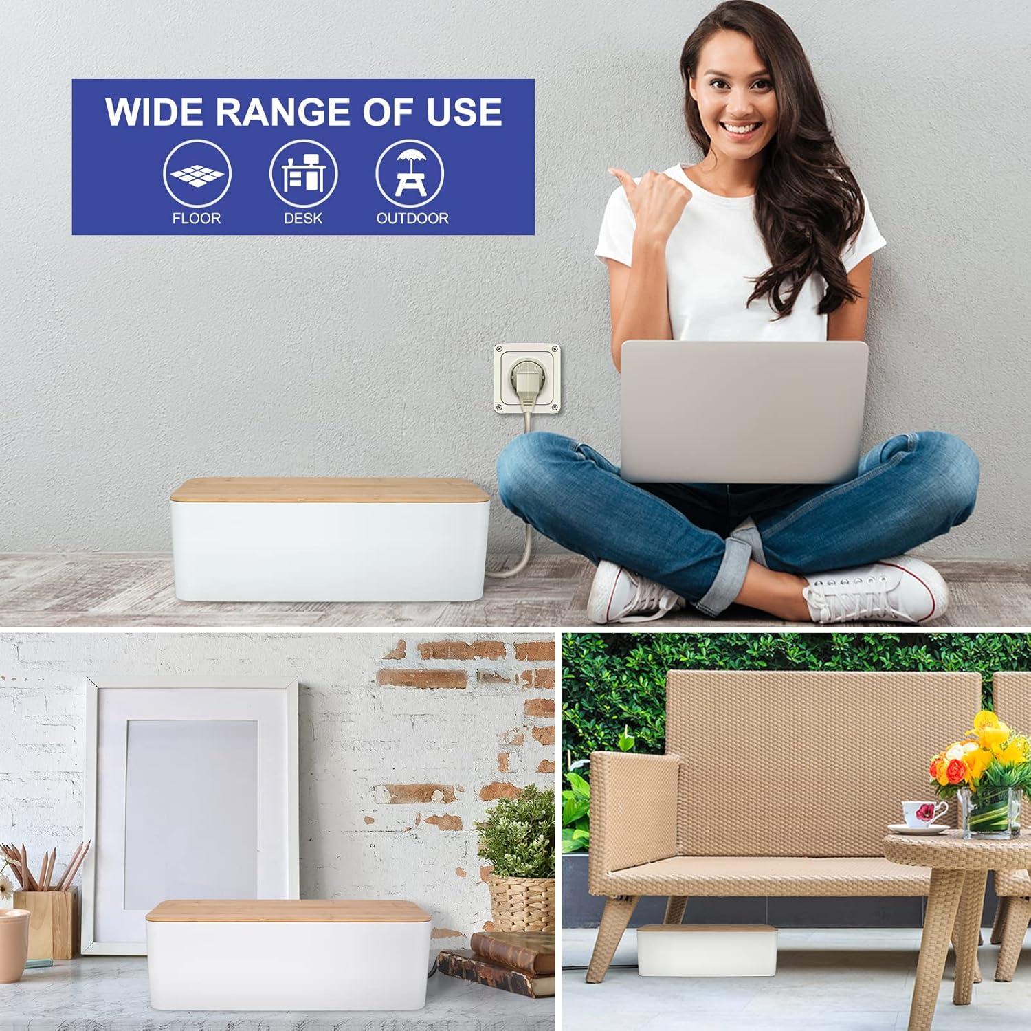 Cable Management Box - Wooden Style Large Cord Organizer Box to Hide Wires & Power Strips | Desk Computer Cable Organizer Box | Safe ABS Material |16" (L) X 6.2" (W) 5.3" (H)|For Home & Office - White image number 6