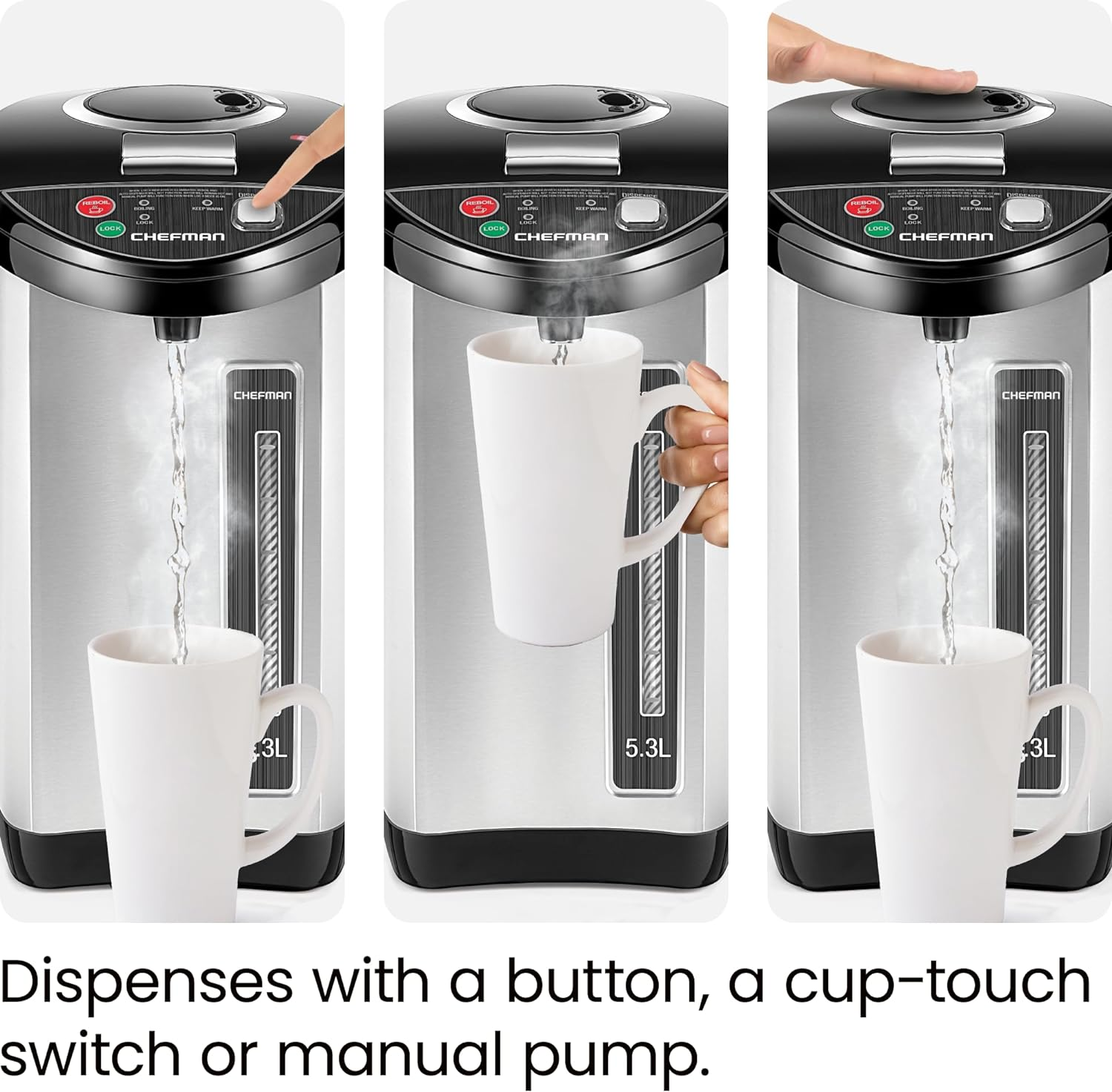 Chefman 5.3L Electric Hot Water Dispenser Urn W/Auto & Manual Dispense Buttons, 1700W, Safety Lock, Instant Heating, Auto-Shutoff/Boil Dry Protection, Insulated Stainless Steel - for Home & Office image number 5