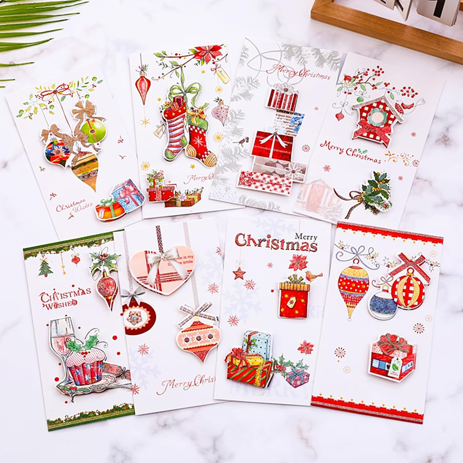 Recycled Christmas Cards with Envelopes (Set of 8), Christmas Folding Cards for Christmas Greetings - White/Red image number 6