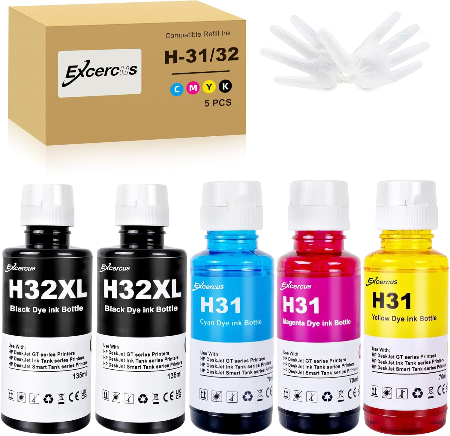 Ink Bottle 31 32XL 32 XL Compatible with HP Smart Tank 5000 5101 7301 6001 7602 5101 7001 551 555 651 455 457 450 Printers (2 135ML 32XL Black Ink, 70ML 31 Color Ink) image number 1