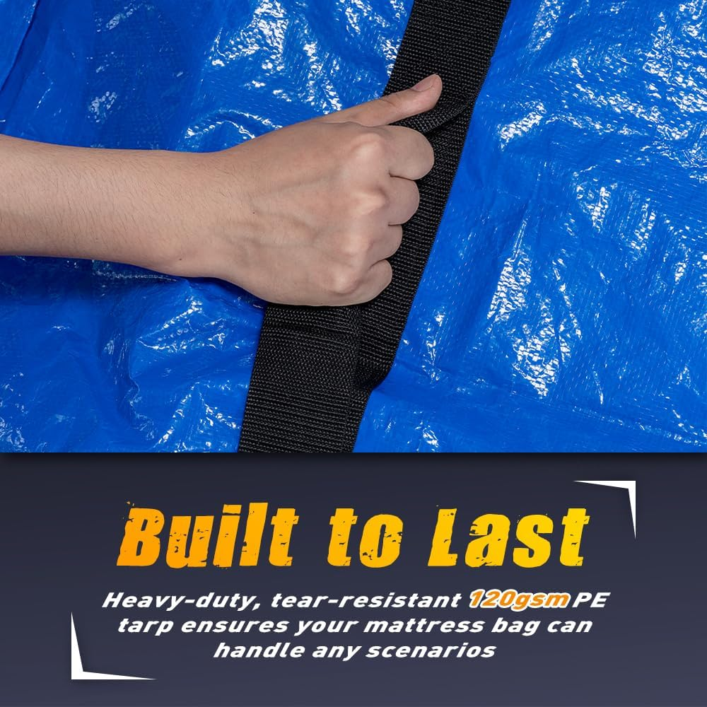 Mobi Mattress Bag for Moving & Storage, King Single Mattress Protector with 8 Handles & Wide-Opening Zippers, Reusable Mattress Cover & Moving Bag, Blue, 207X110X38Cm image number 2