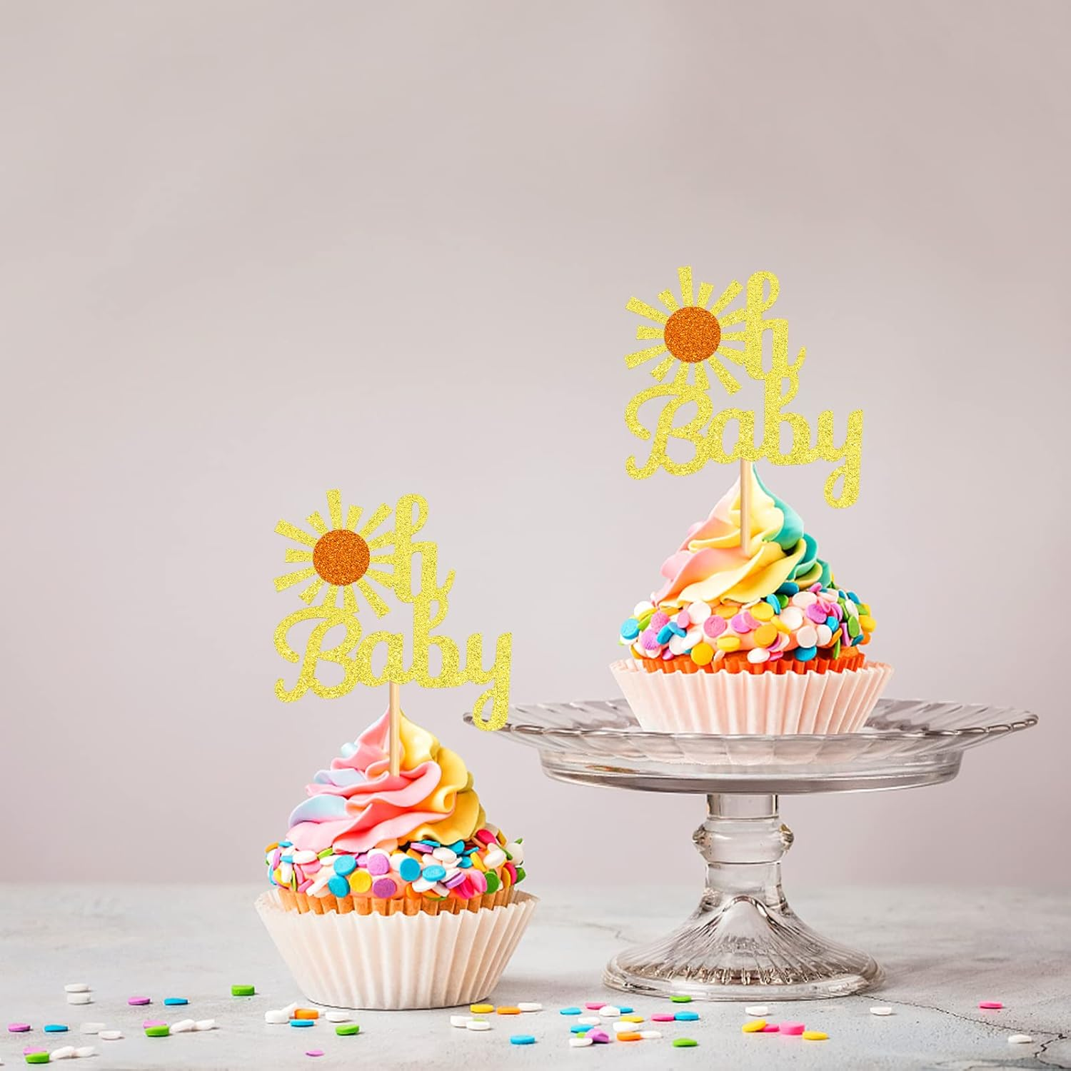 24 Pack Oh Baby Sunshine Cupcake Toppers Sunshine Cupcake Picks for Wedding Baby Shower Birthday Party Decorations Gold image number 2