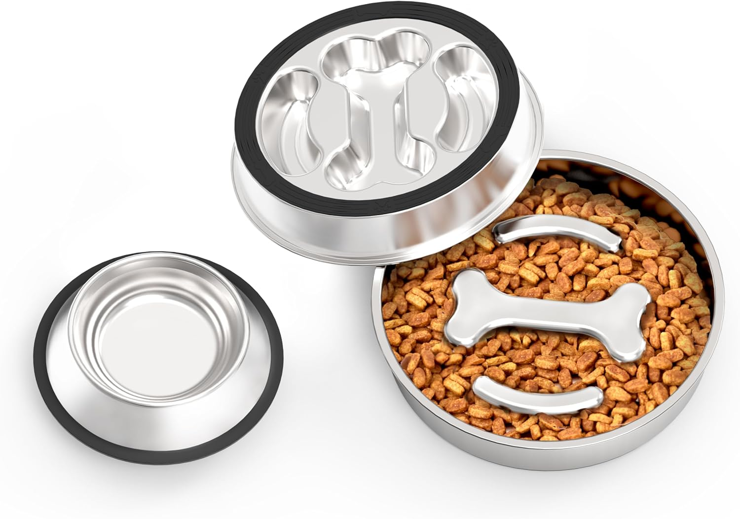 Slow Feeder Dog Bowls Kit Stainless Steel Non-Slip Dog Food Bowl for Small Medium Large Breeds 2~4 Cups Dog Slow Feeder Bowl for Fast Eaters Slows down Eating Dog Food Bowl&Dog Water Bowls 2Packs image number 1
