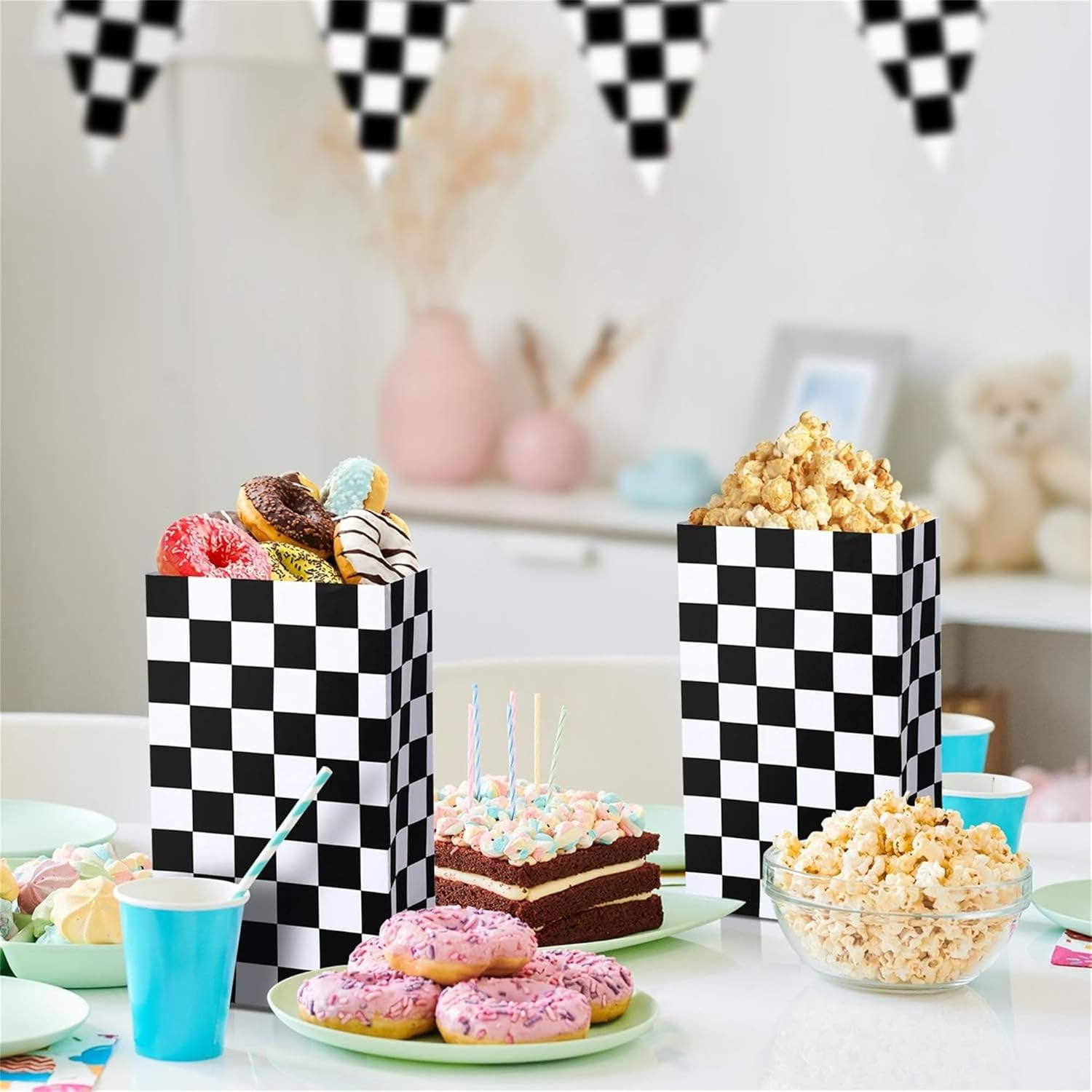 24 Pack Race Car Party Favor Bags with Stickers Race Car Goodie Bags Black and White Checkered Gift Bags Racing Birthday Party Bags Checkered Flag Party Supplies image number 1