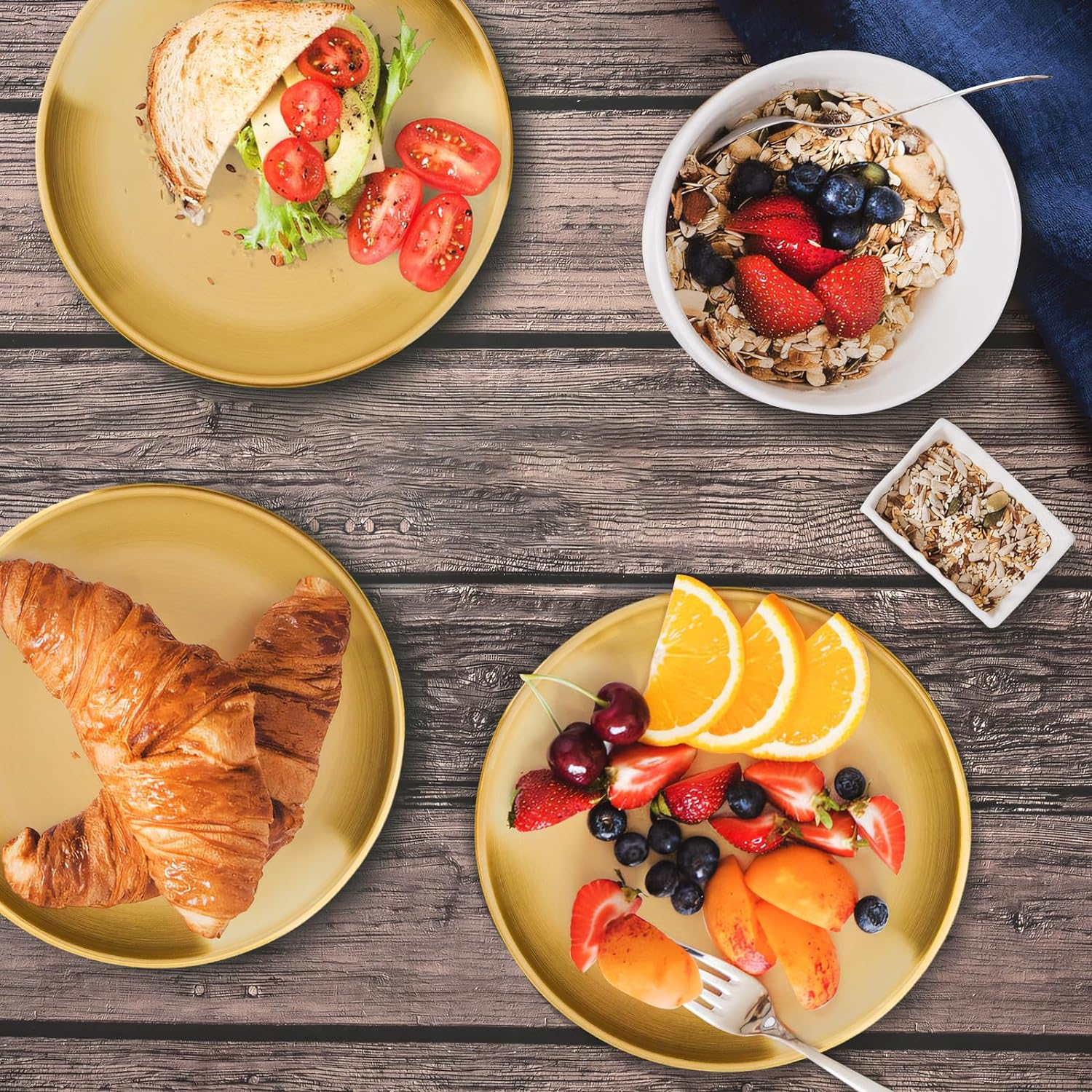 8-Piece 7.8-Inch Appetizer Plate with Stand Set Gold Silver Stainless Steel round Plates Suitable for Cakes Desserts, Salads, Dips, Snacks, Side Dishes (Gold, 7.8Inch) image number 3