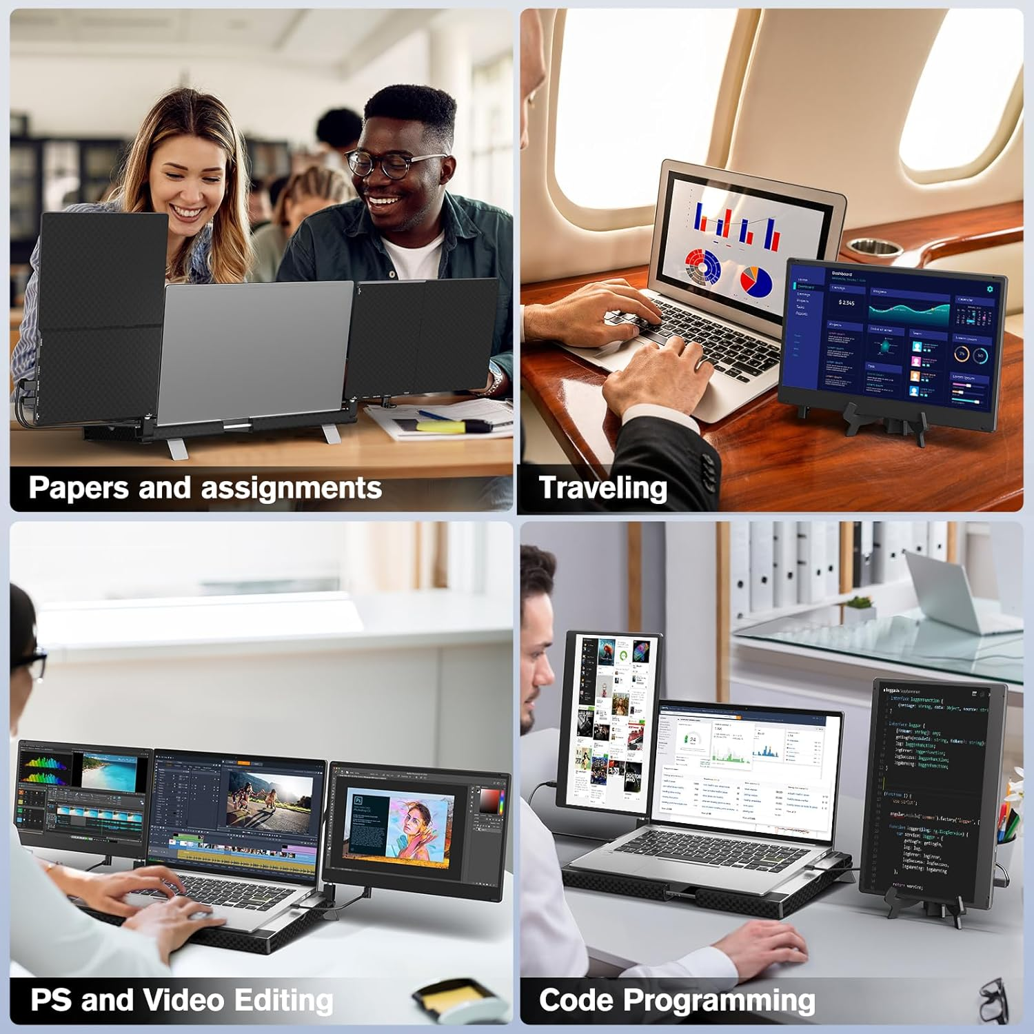 Laptop Screen Extender Portable - 14" Monitor IPS FHD 1080P HDMI USB-C Triple Detachable Display for 12-17.3 Inch Laptops Compatible with Windows Mac Chrome Surface Metal Base Travel Work Setup