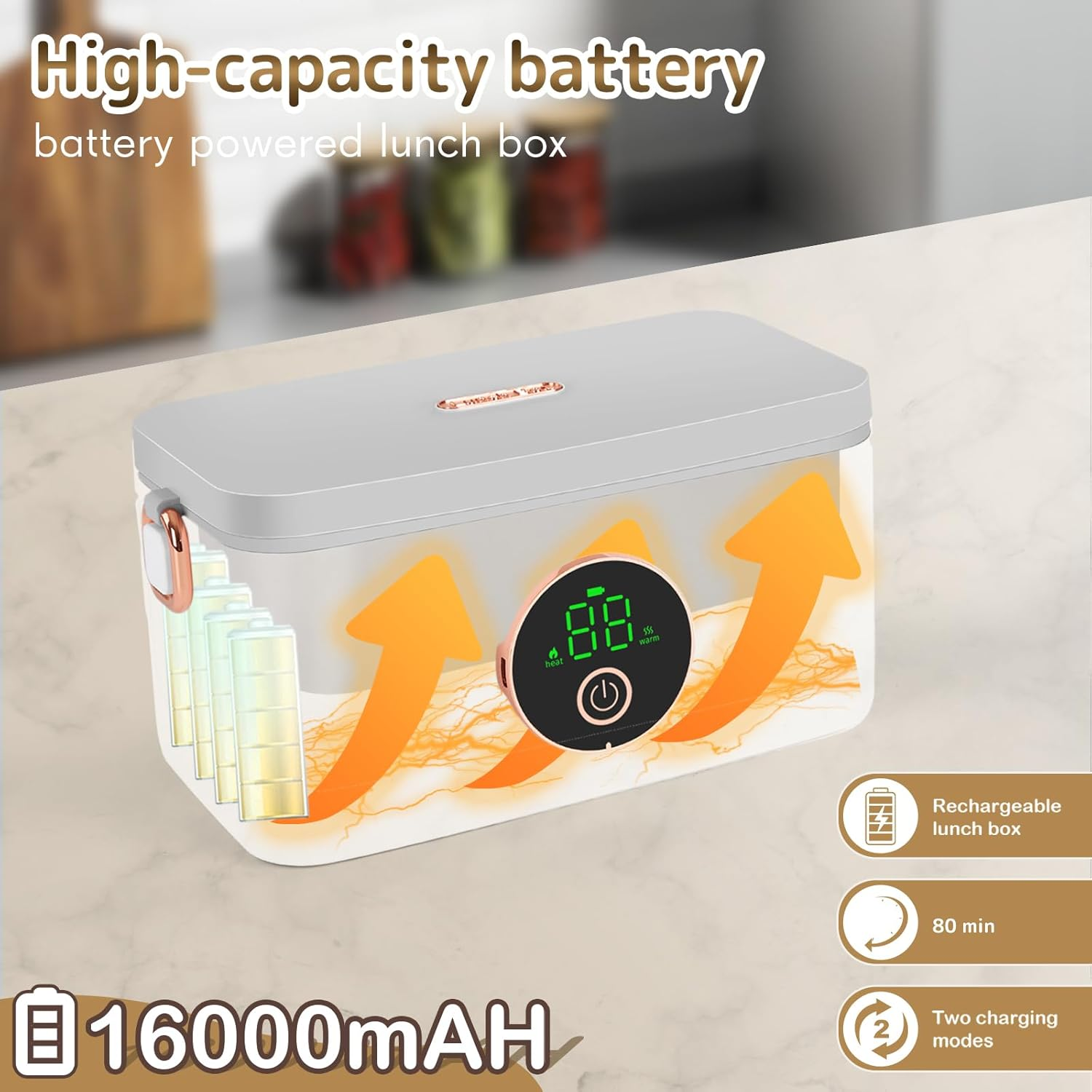 Cordless Electric Lunch Box, 1L Self Heating Lunch Box Battery Powered, Battery Powered for Car, Office, Travel, Picnic, a Heartwarming for Your Husband/Wife/Son/Daughter image number 4