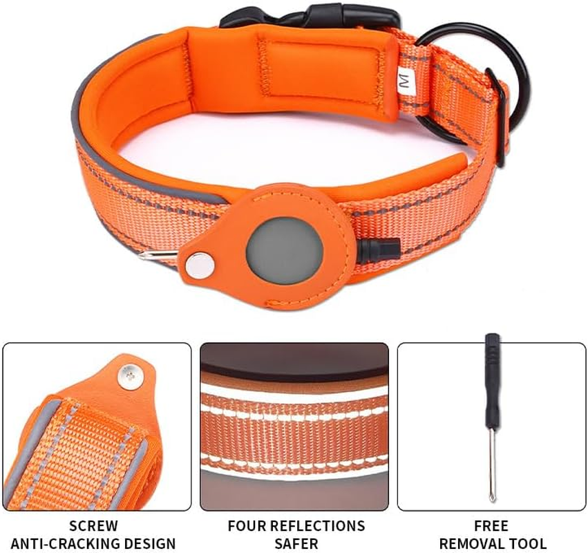 Soft Breathable Padded Leather Dog Collar with Airtag Holder, Heavy Duty Dog Collar with Metal Buckle for Medium Large Dogs (Orange, XL) image number 1