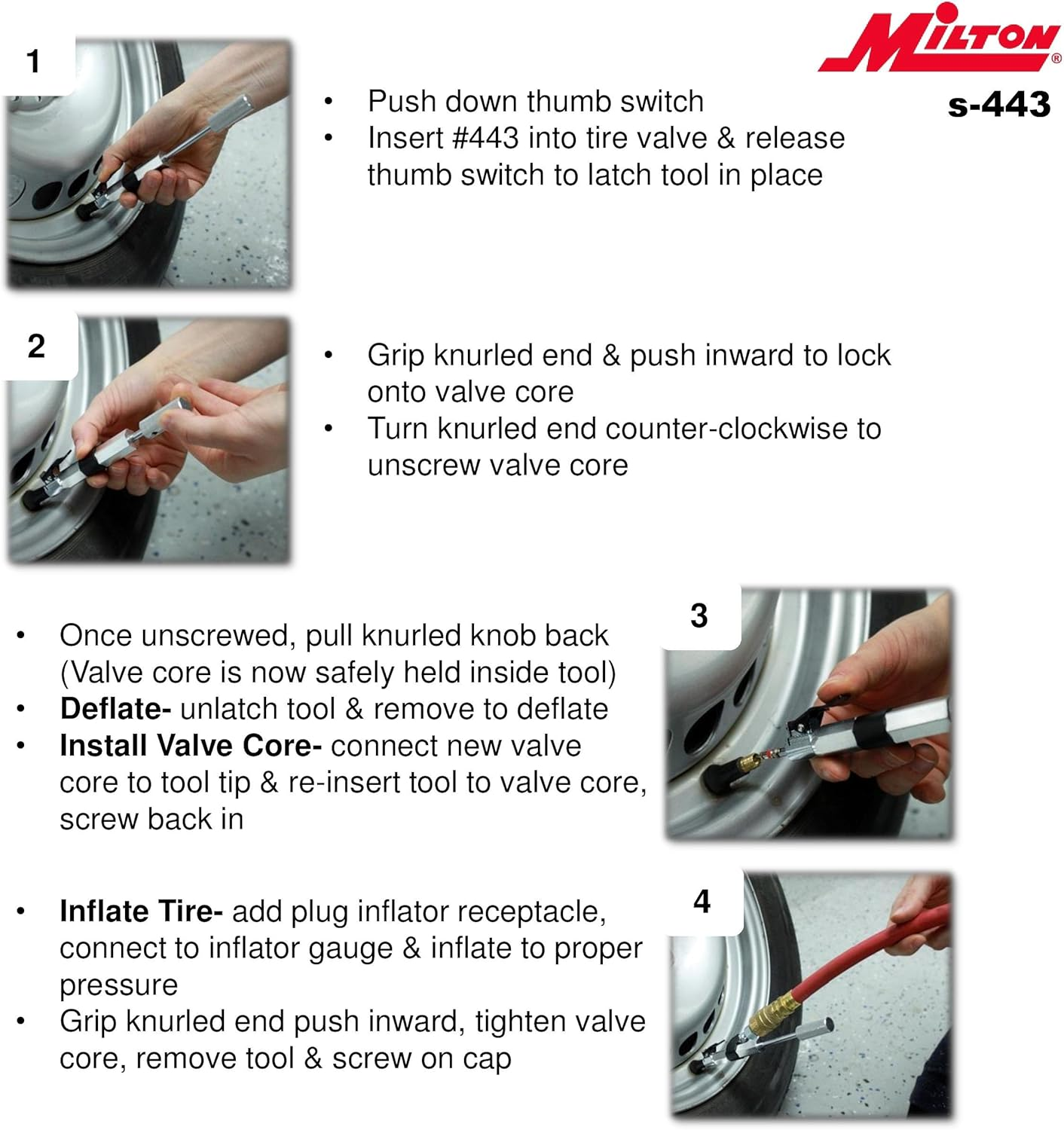 Milton (S-443) 3-In-1 Tire Valve Extractor and Inflator Tool - Remove, Inflate, Install.
