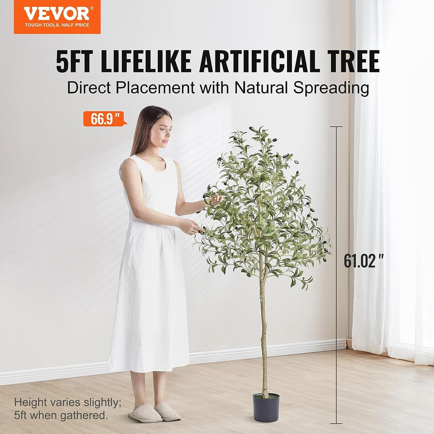 VEVOR Artificial Olive Tree, 5Ft/155Cm Tall, Secure PE Material & Anti-Tip Tilt Protection Low-Maintenance Plant, Lifelike Green Fake Potted Tree for Home Office Warehouse Decor Indoor Outdoor image number 6