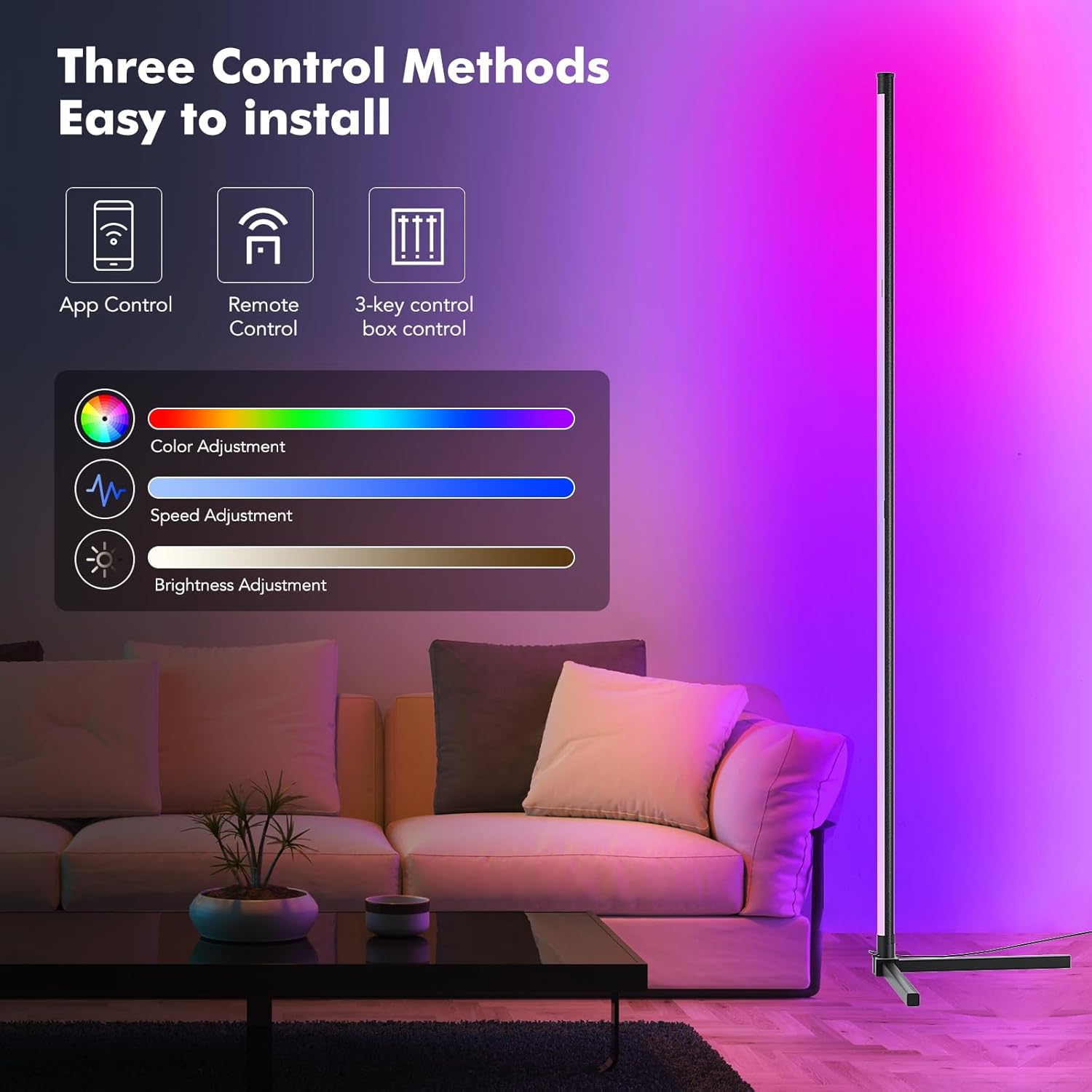 Modern 65&rdquo; LED Corner Floor Lamp with RGB Music Sync, Remote & App Control, 16M DIY Modes, Timer Setting, Black Aluminium image number 6