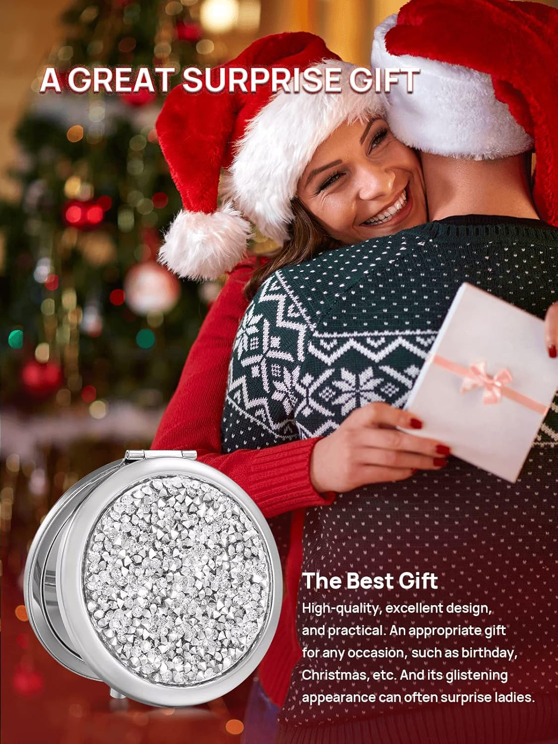 OMIRO Compact Mirror, Mini Mix Diamond 1X/2X Magnifying round Metal Pocket Makeup Mirror (Silver)