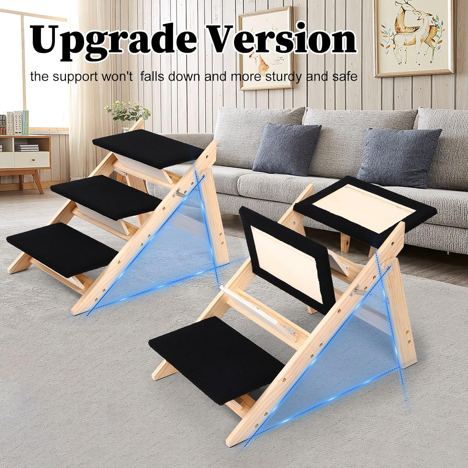 Pet Stairs/Steps, 2-In-1 Foldable Wood Dog Stairs with Non-Slip Pads for High Beds, Sofa, Couch, Car, Durable Portable Cat Ladder up to 150 Lbs, 3 Steps