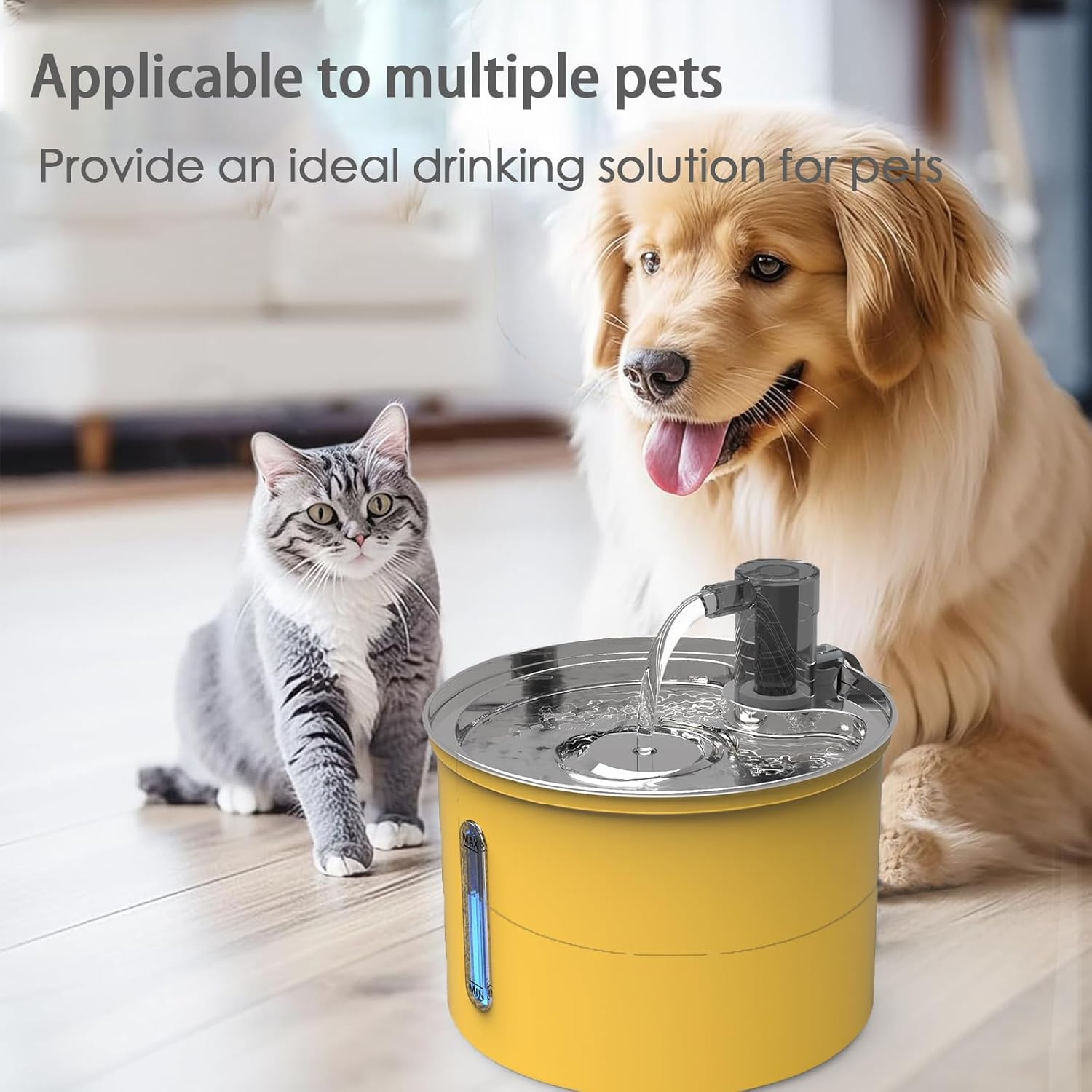 Cat Water Fountain Stainless Steel, 3L/101Oz Pet Water Fountain for Cats Indoor, Super Silent Automatic Cat Drinking Fountain，Yellow