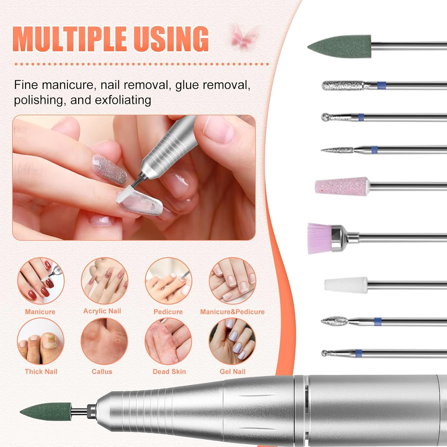 Electric Nail Cutter with 2000 Mah Battery, 45000 RPM Portable Electric Nail File with 80 Sanding Belts, 17 Bits, 2 Nail Files, 1 Nail Buffer and 1 Soft Brush, for Home Salon (White) image number 6