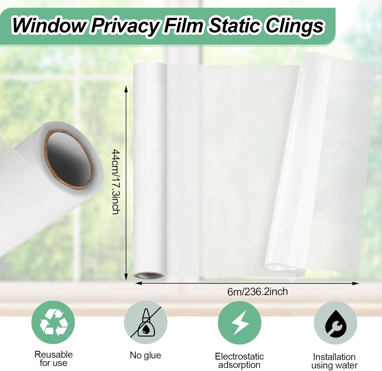 Vivinin Frosted Glass Window Film,17.3X236.2 Inches Privacy Film anti Uv, Frosted Window Privacy Film Non Adhesive, Window Film Privacy for Bathroom Home and Office image number 2