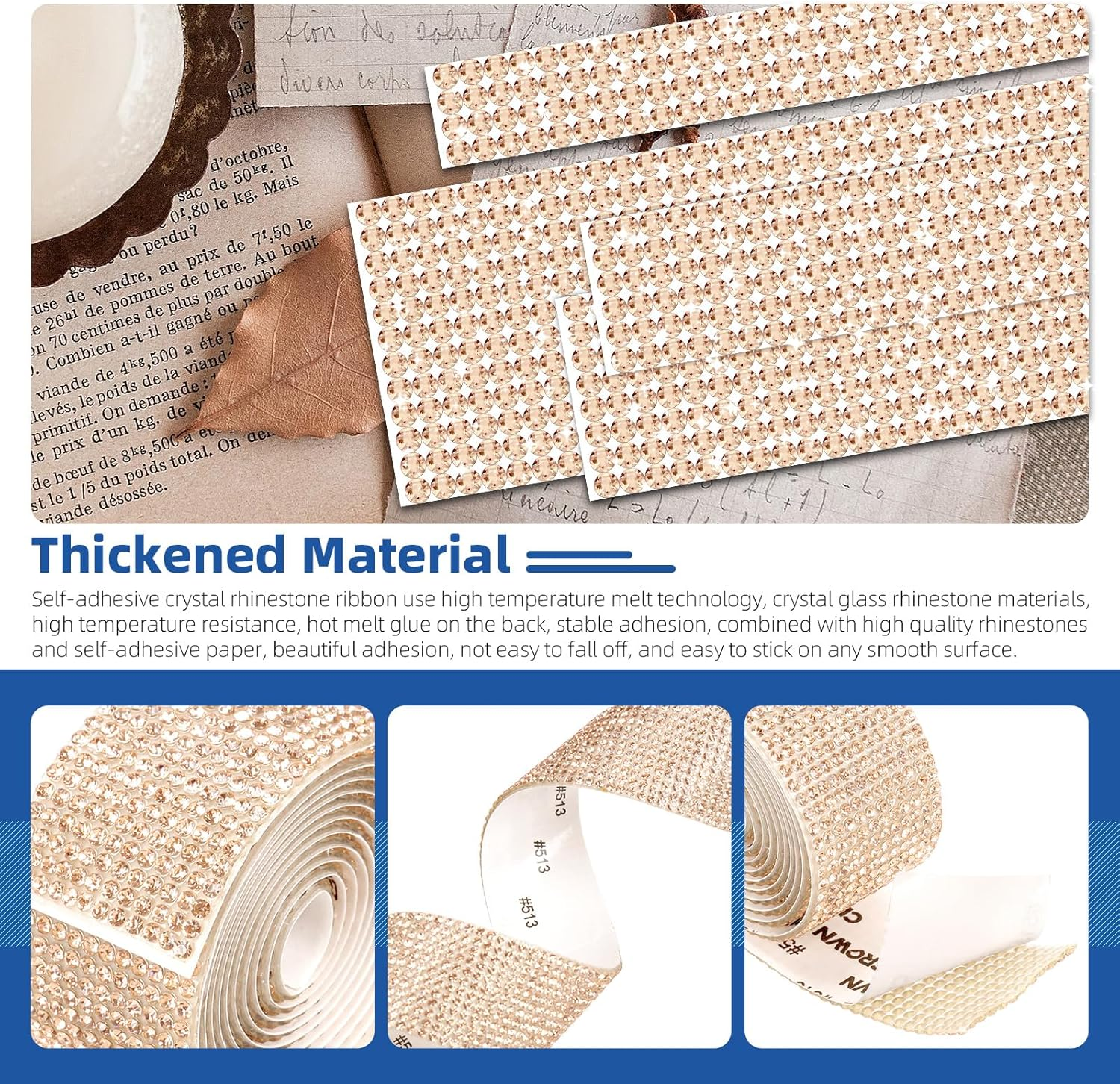 Glarks 4 Rolls 364CM Self-Adhesive Crystal Rhinestone Ribbon, 4/6/8/12 Rows Champagne Color Wrap Glittering Rhinestones Sticker, Diamond Rhinestone Ribbon Roll Stickers for Decoration Car DIY Crafts - Black image number 5