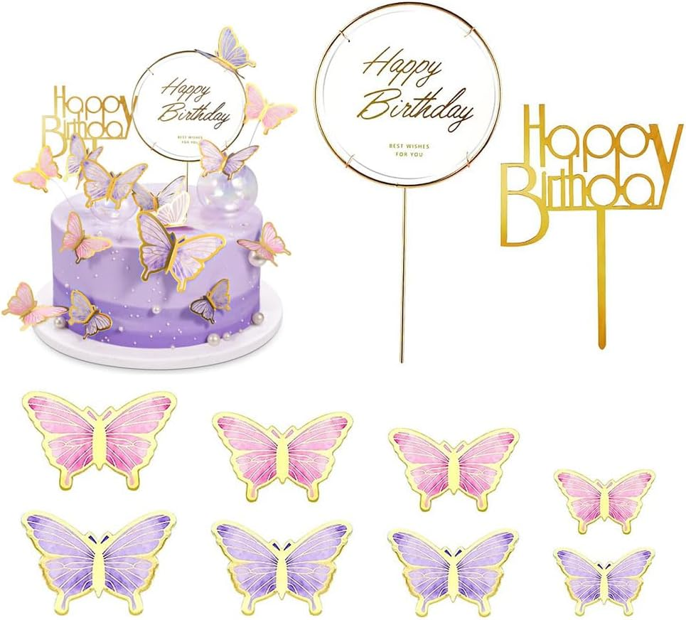 22 Pieces Cake Decorating Butterfly Toppers, Cake Topper with Happy Birthday and 3D Butterfly Cake Toppers,Suitable for Wedding Cake Topper,(Purple, Pink)