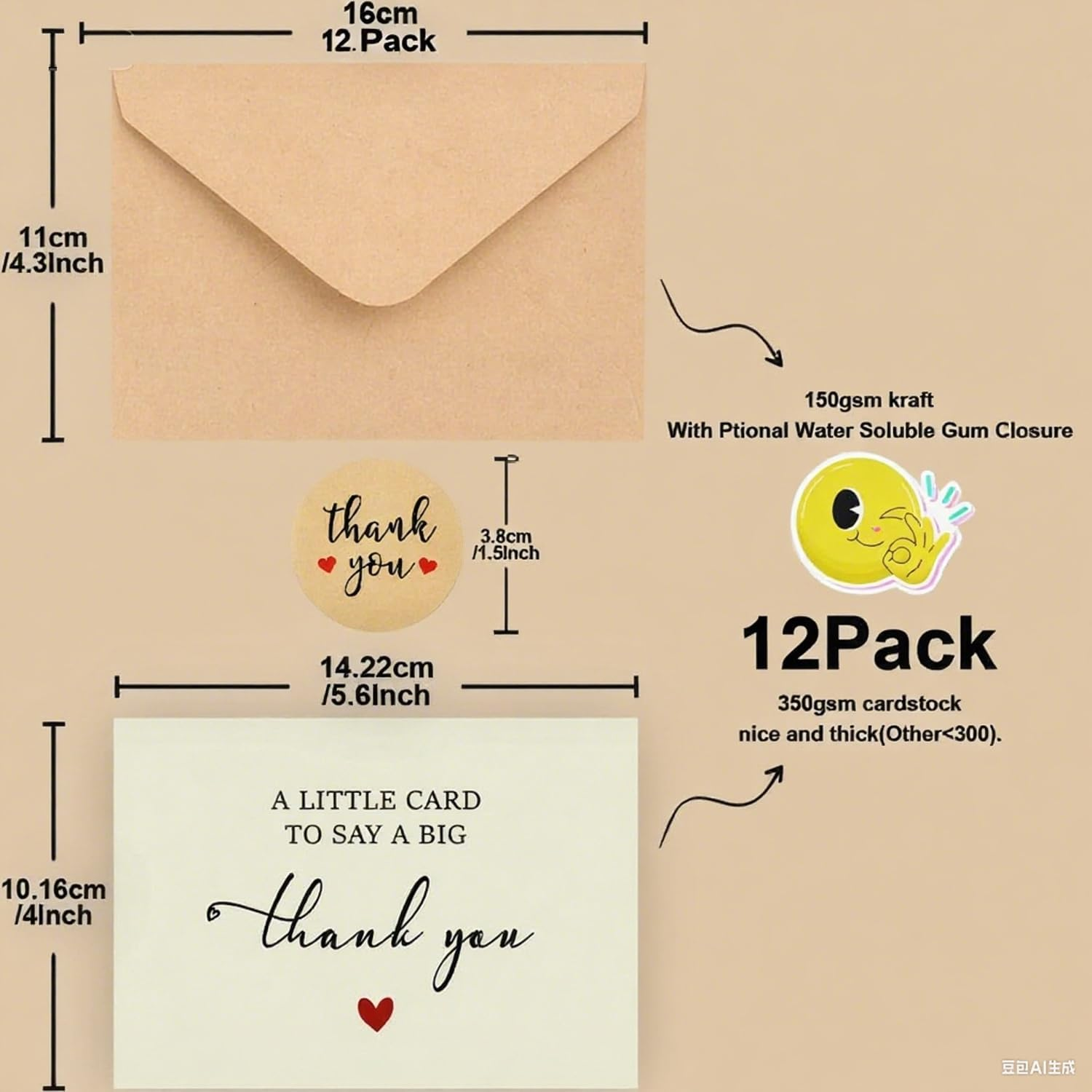 12 Pack Thank You Cards, 5.6X4 Inches Bulk Thank You Notes with Envelopes, Watercolour, Perfect for Weddings, Baby & Bridal Showers, Graduations, and Funerals (Peach Heart) image number 1