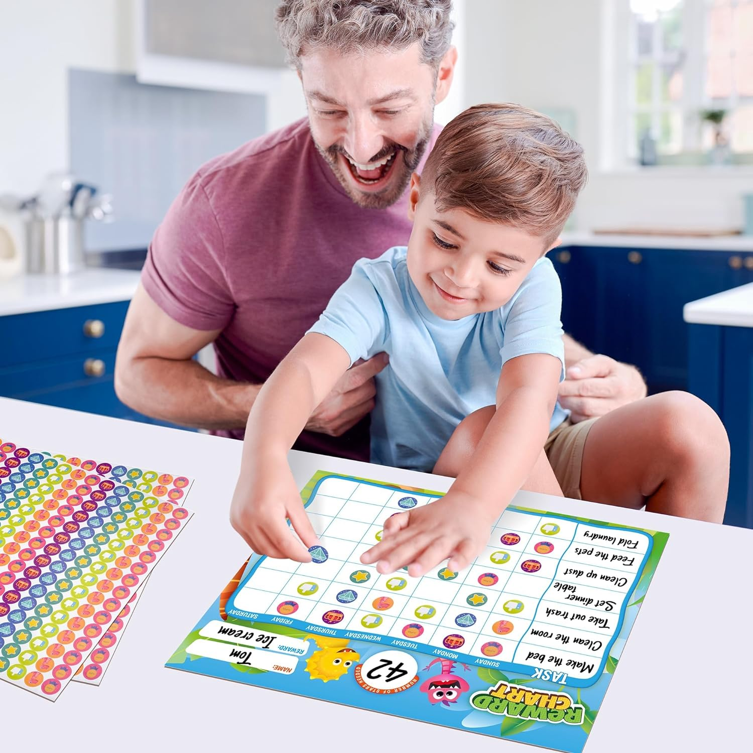 D-Fantix Reward Chart for Kids - Pad with 27 Customized Chore Charts, Behavior Chart for Kids at Home, Sticker Chart to Motivate Responsibility and Good Habits, 2280 Stickers & 48 Incentive Stickers image number 1