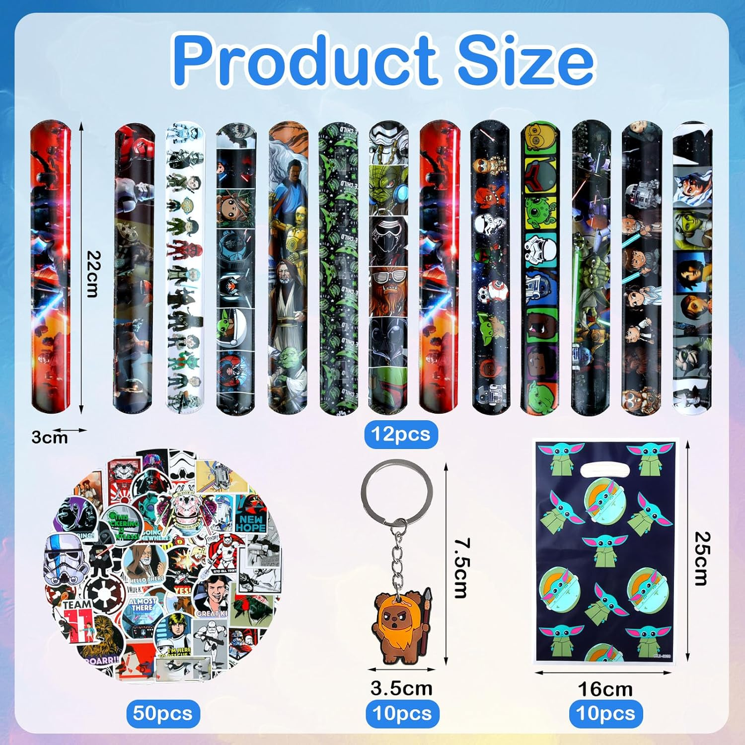 Yod Party Bags, Star War Give Aways Children'S Birthday Party Favours, Star Wars Birthday Decoration, 10 Key Chains, 10 Party Gift Packs, 12 Silicone Bracelets, 50 Stickers for Children 82 Pieces image number 6